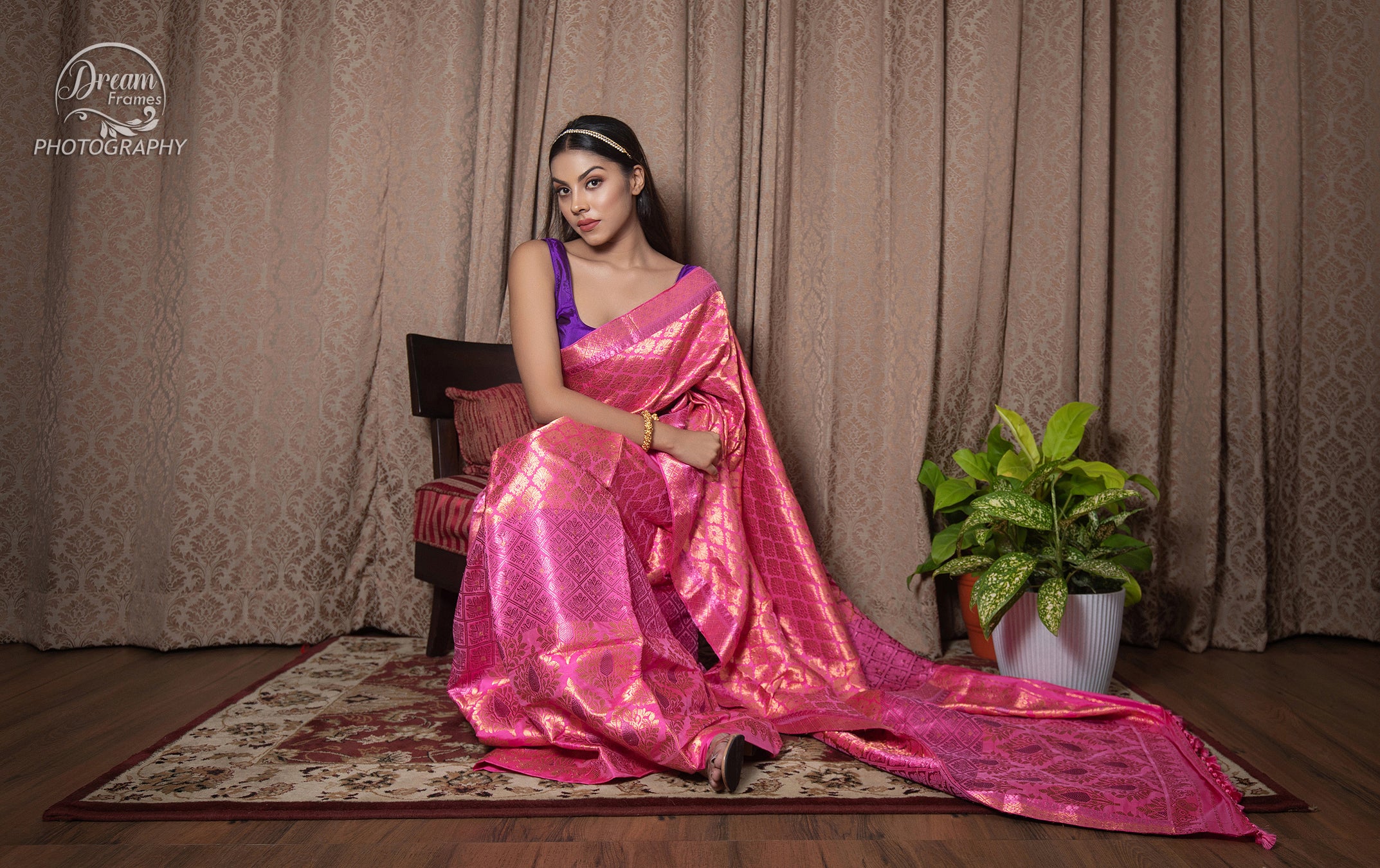 Hot Pink Pat Silk Mekhela Chador with Golden Diamond Motif Weaving