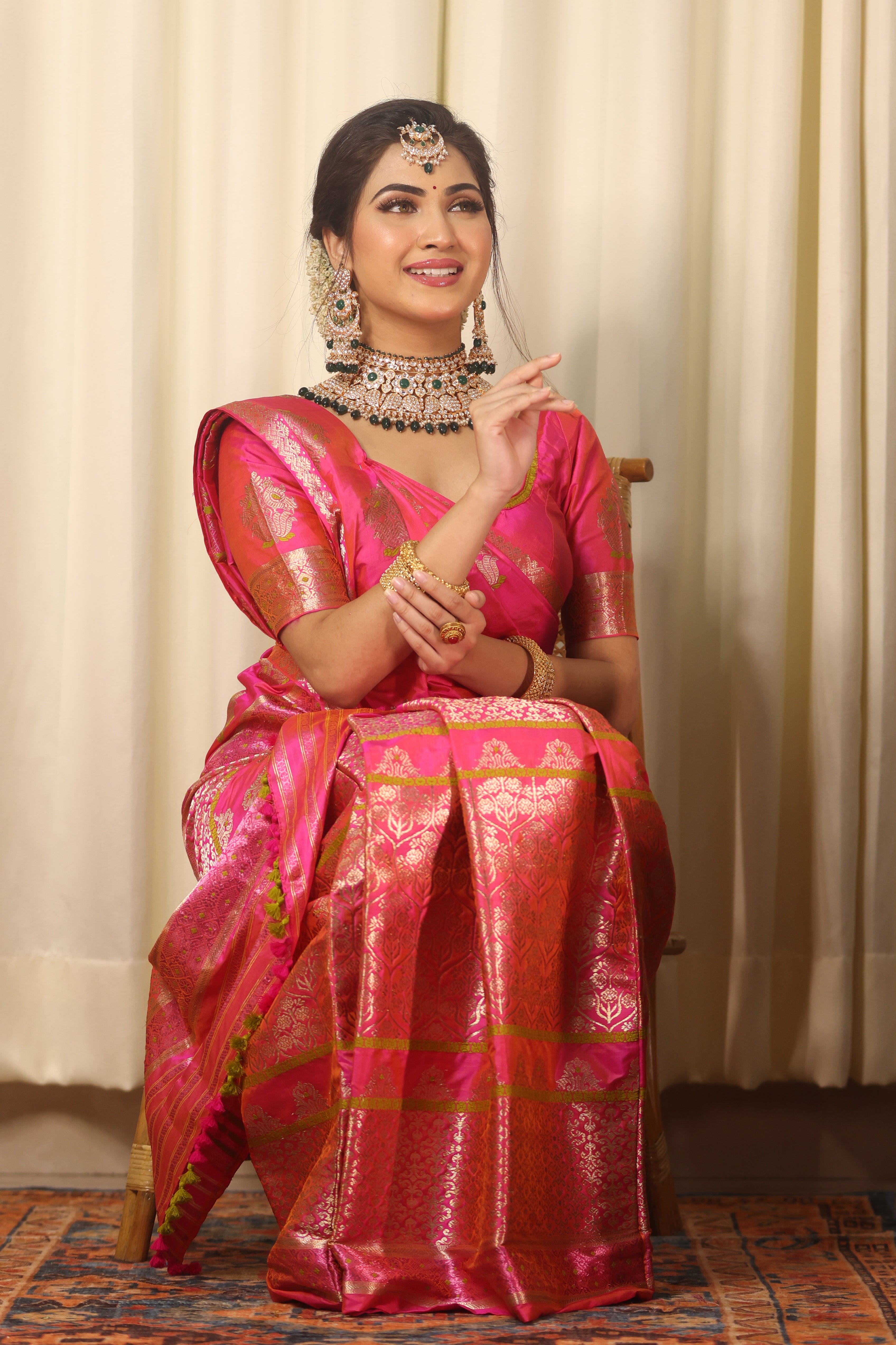 Hot Pink Pat Silk Mekhela Chador with Intricate Golden Zari Work