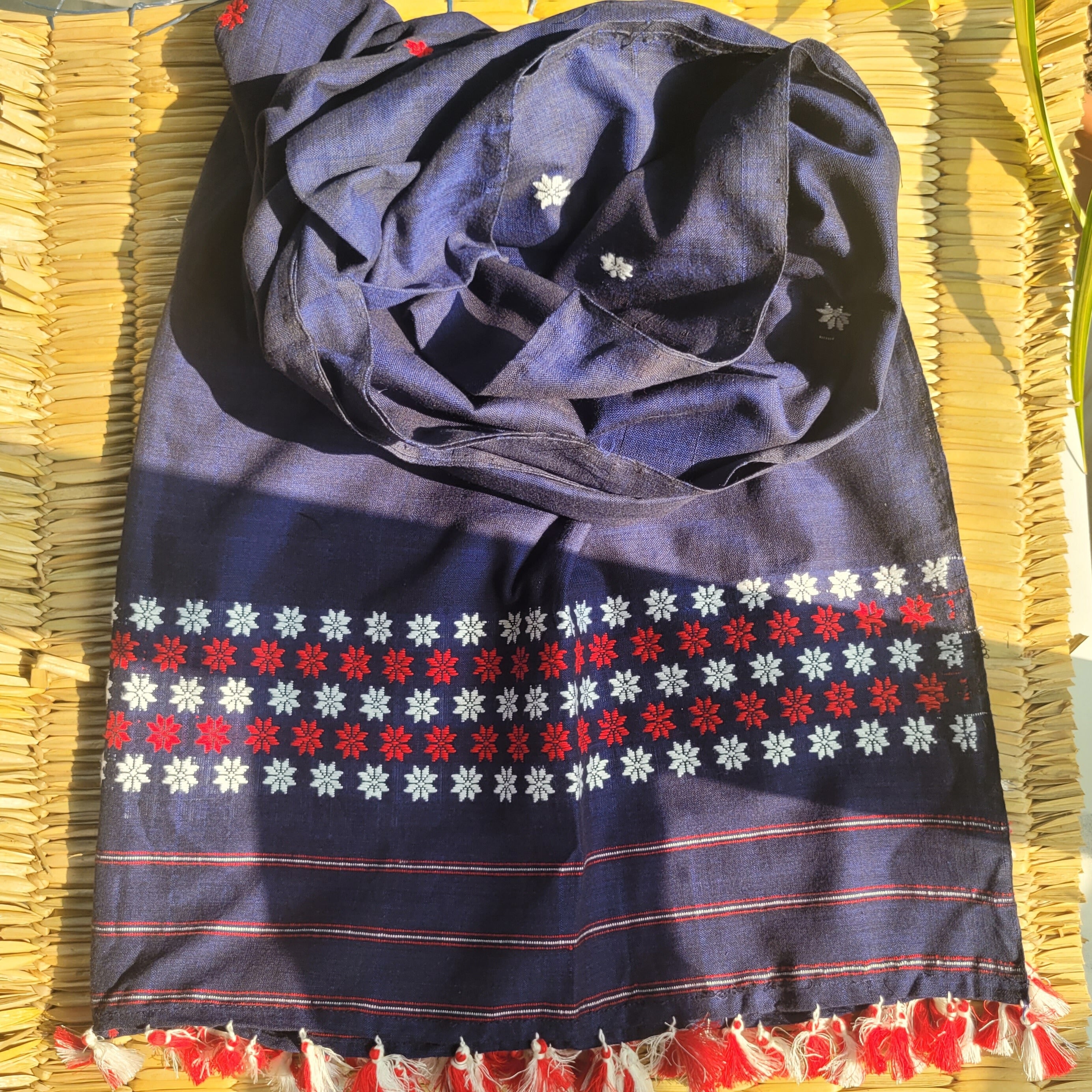 Handloom Cotton Single Sador in Indigo Blue with Red & White Motifs | Assam Editions
