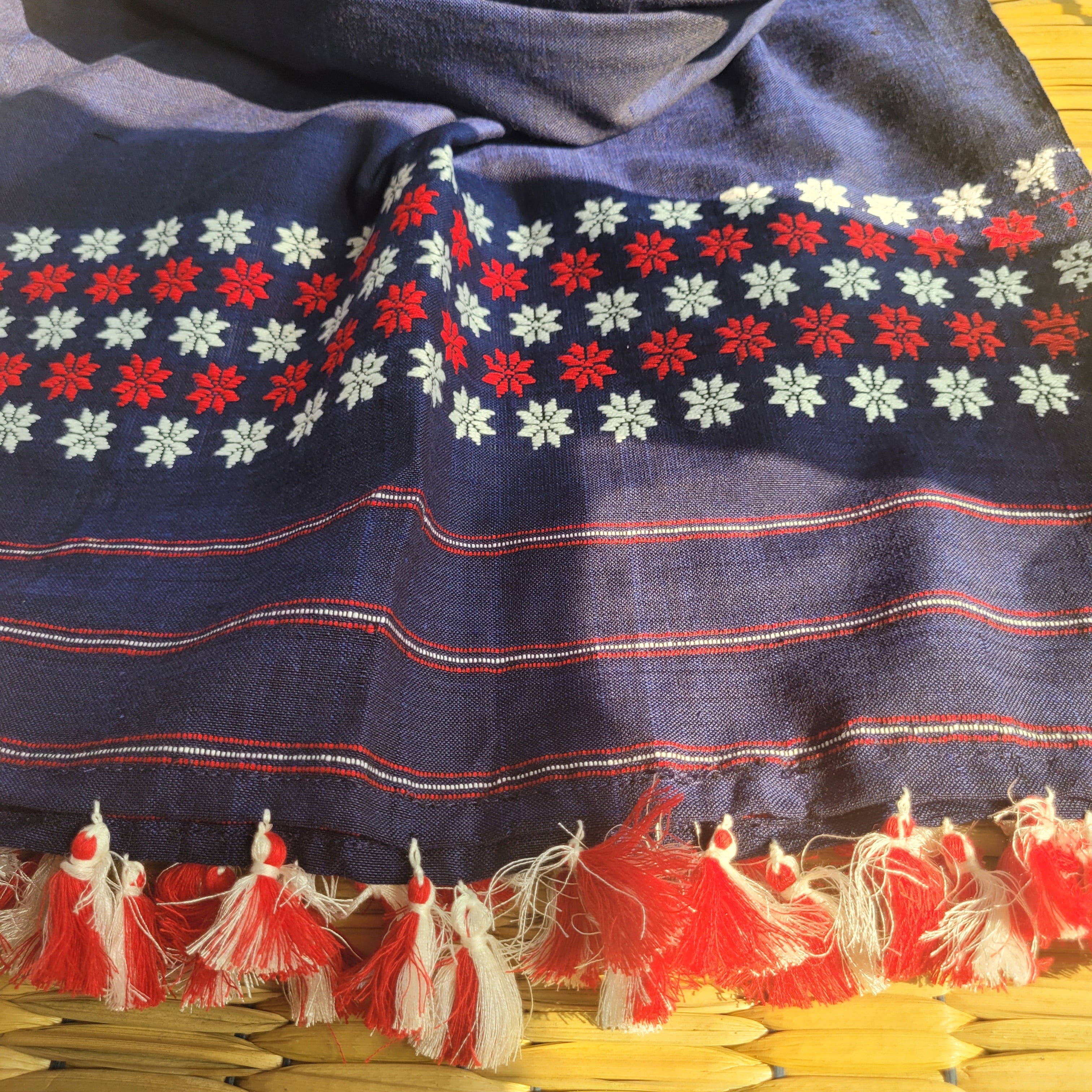 Handloom Cotton Single Sador in Indigo Blue with Red & White Motifs | Assam Editions