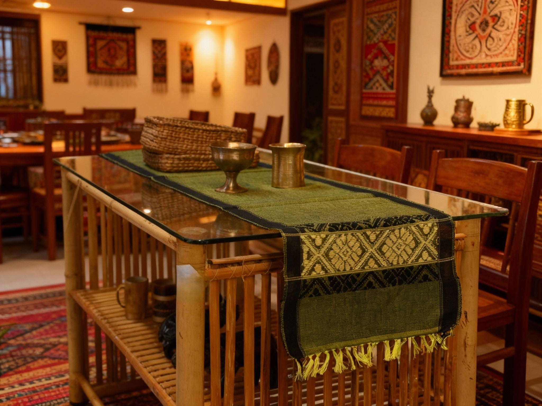 Handwoven Cotton Table Runner – Green with Assamese Traditional Motifs