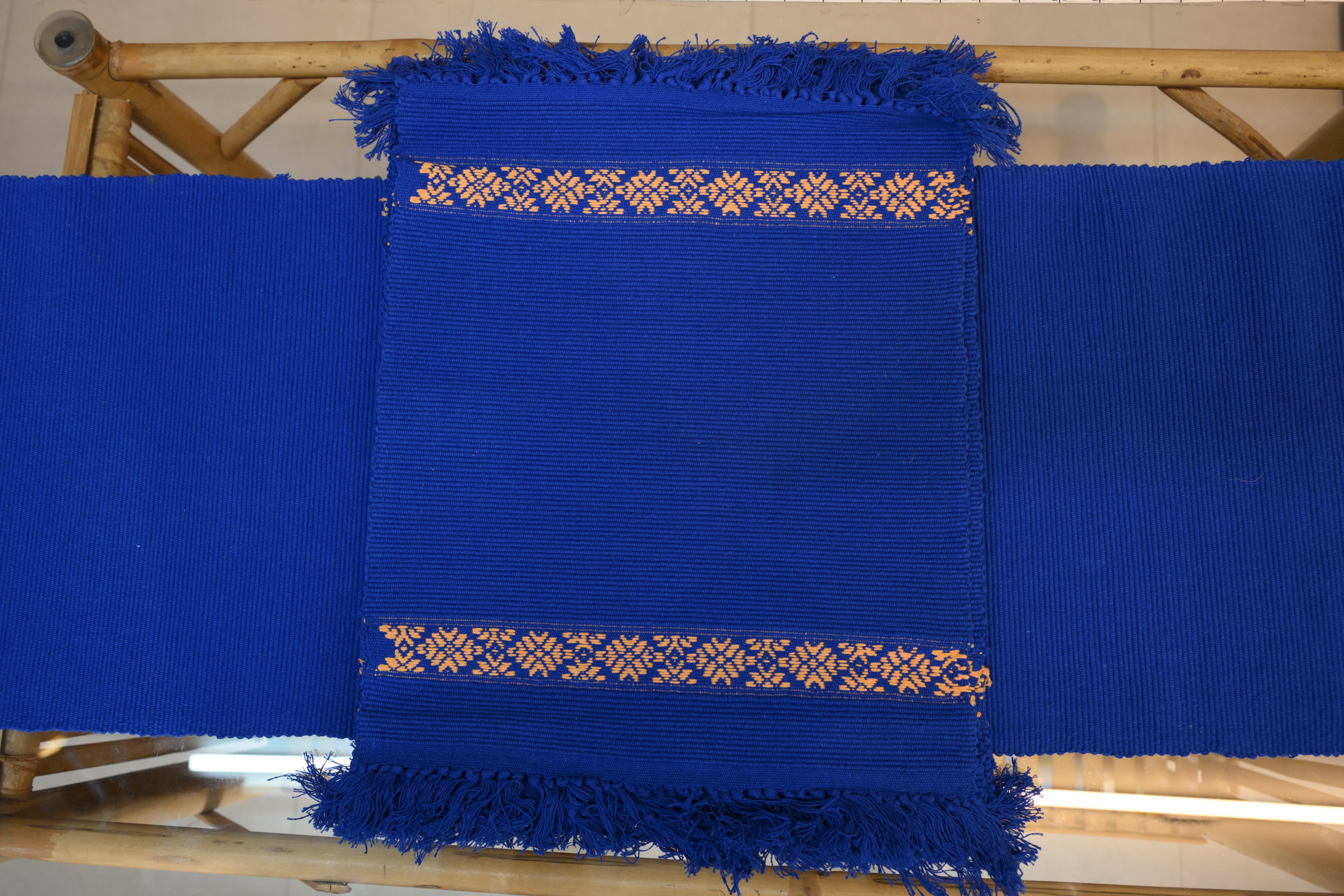 Handwoven Assamese Table Runner Set – Royal Blue with Mustard Motifs with 6 mats