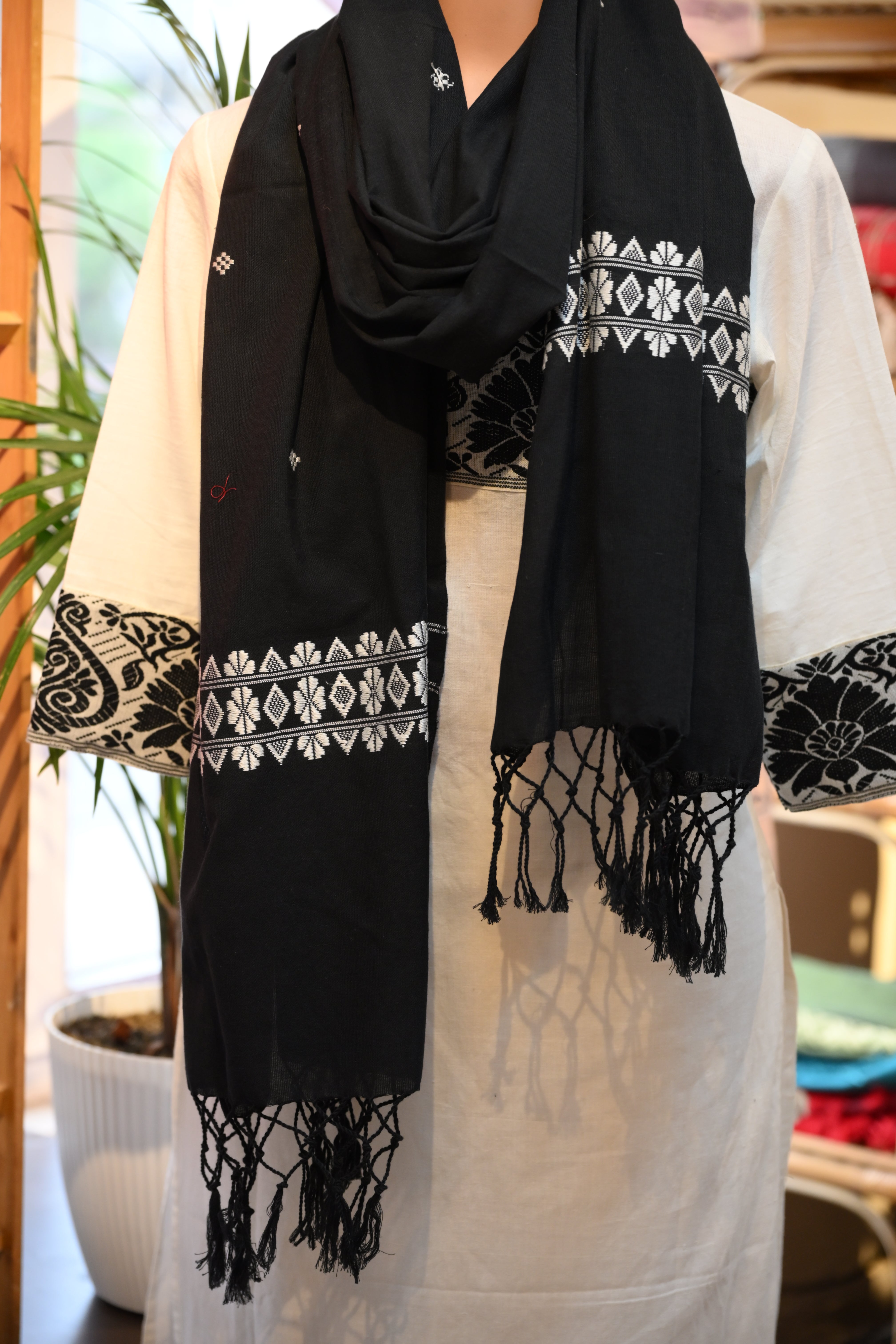 Handwoven Black Cotton Stole with White Motifs