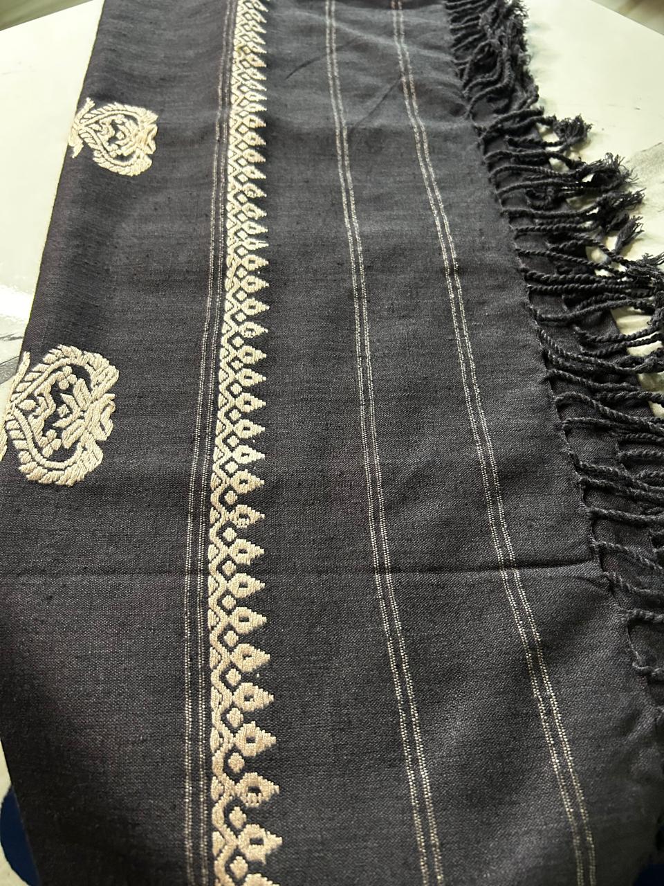 Black Eri Silk Stole with Assamese Motifs | Ahimsa Silk