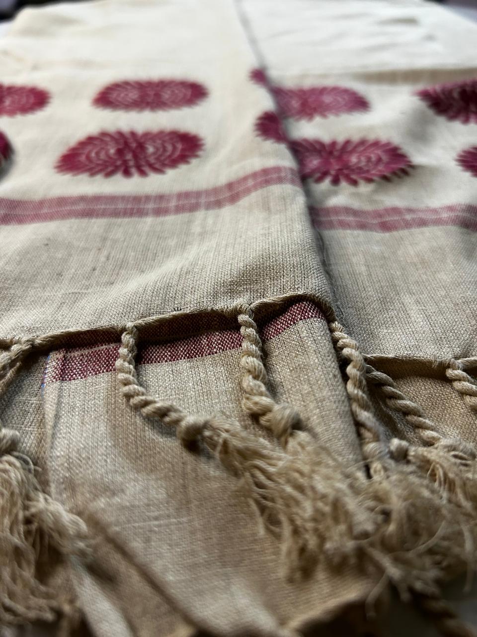 Beige Eri Silk Stole with Assamese Red Motifs
