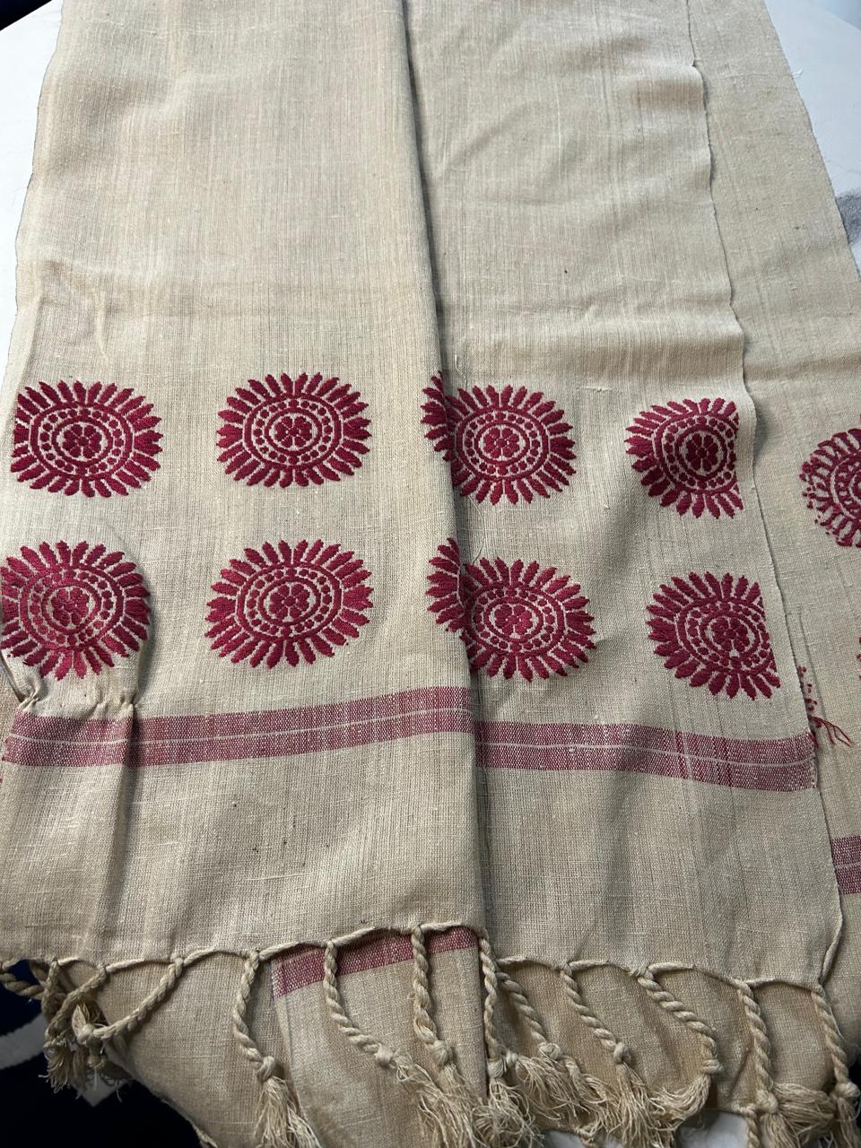 Beige Eri Silk Stole with Assamese Red Motifs