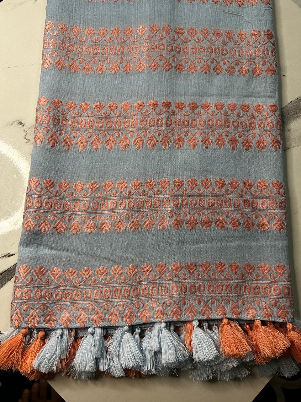 Sky Blue Eri Silk Shawl with Peach Assamese Motifs | Ahimsa Silk