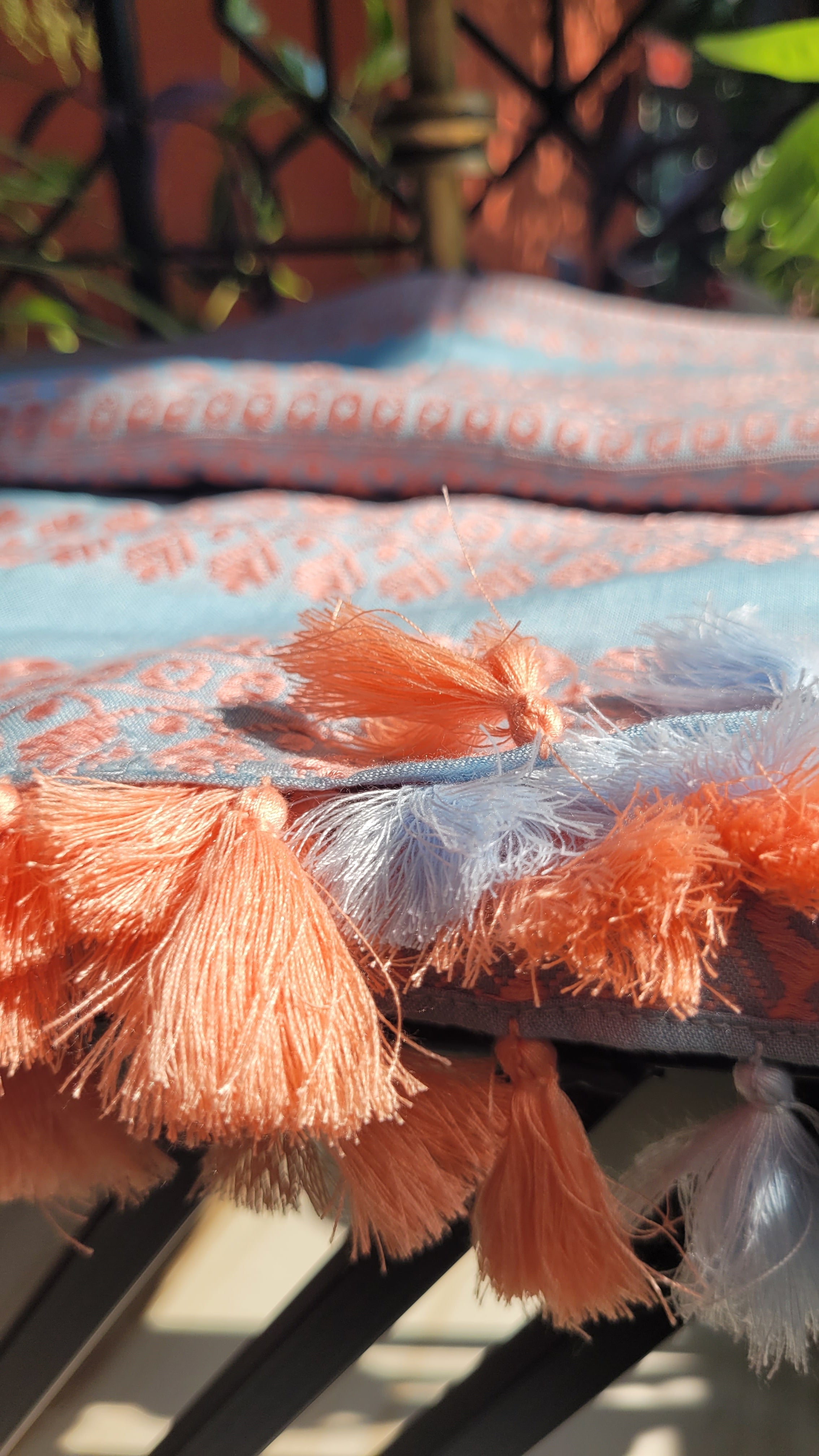 Sky Blue Eri Silk Shawl with Peach Assamese Motifs | Ahimsa Silk