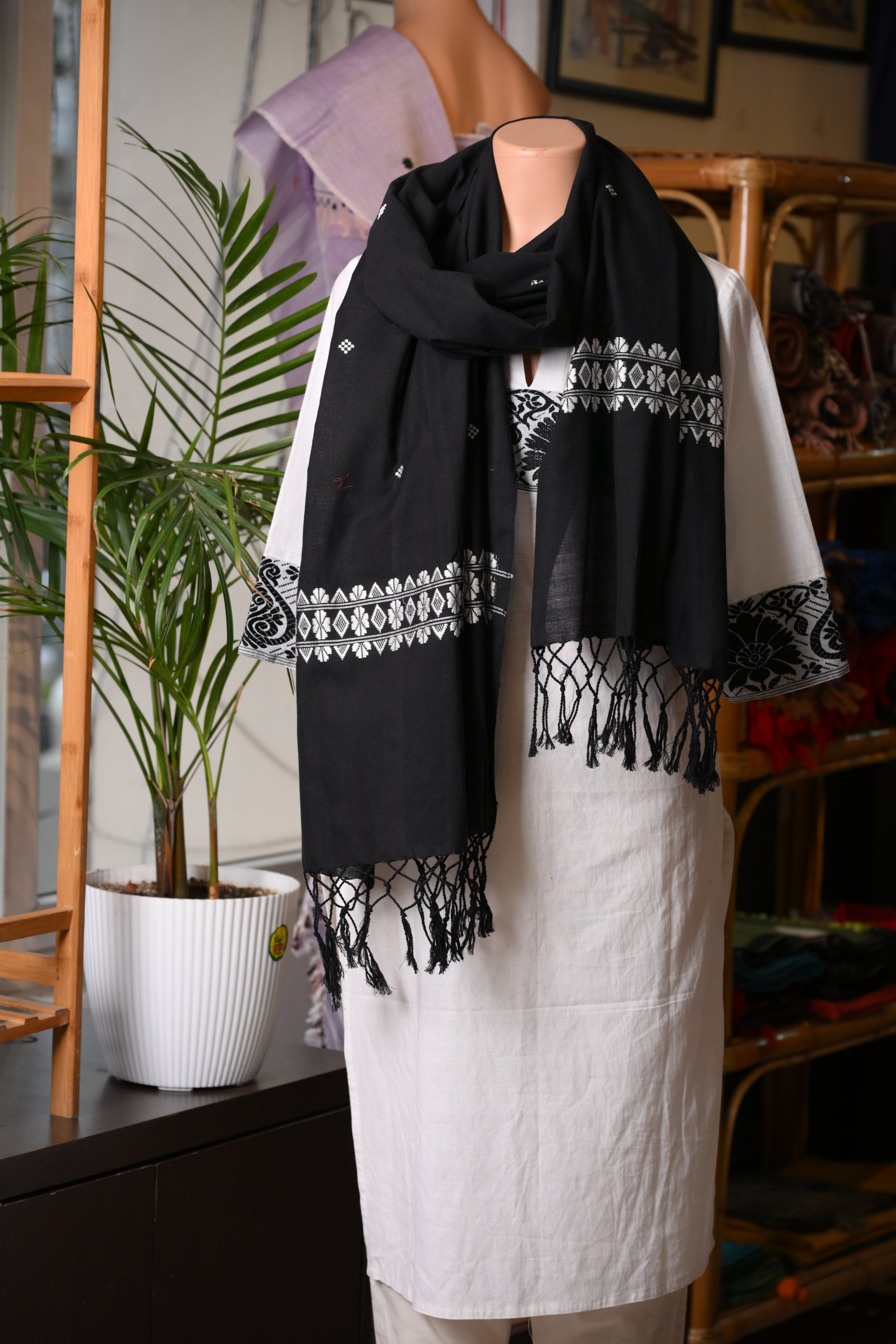 Handwoven Black Cotton Stole with White Motifs