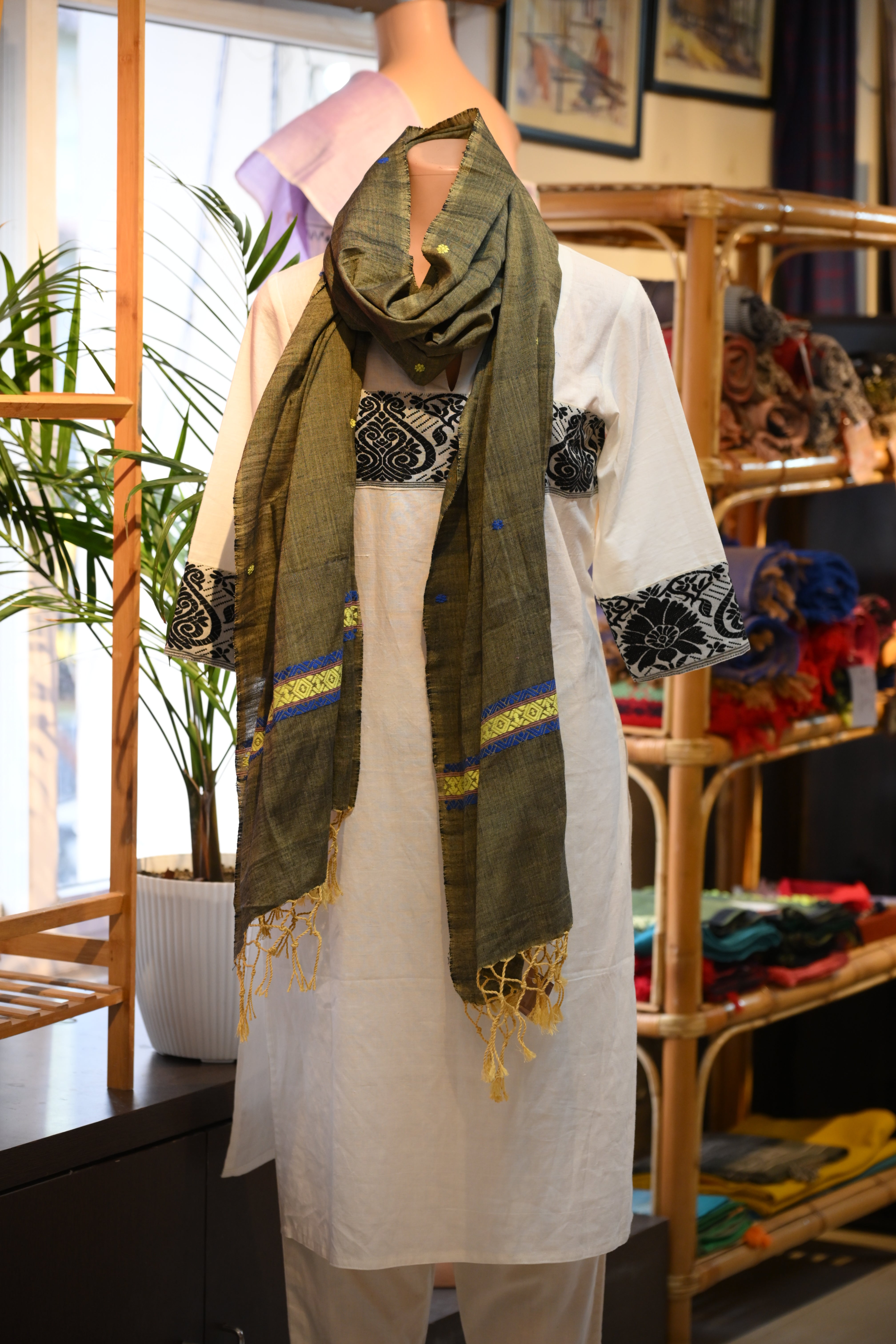 Handwoven Khaki green Cotton Stole with Blue and Yellow Motifs
