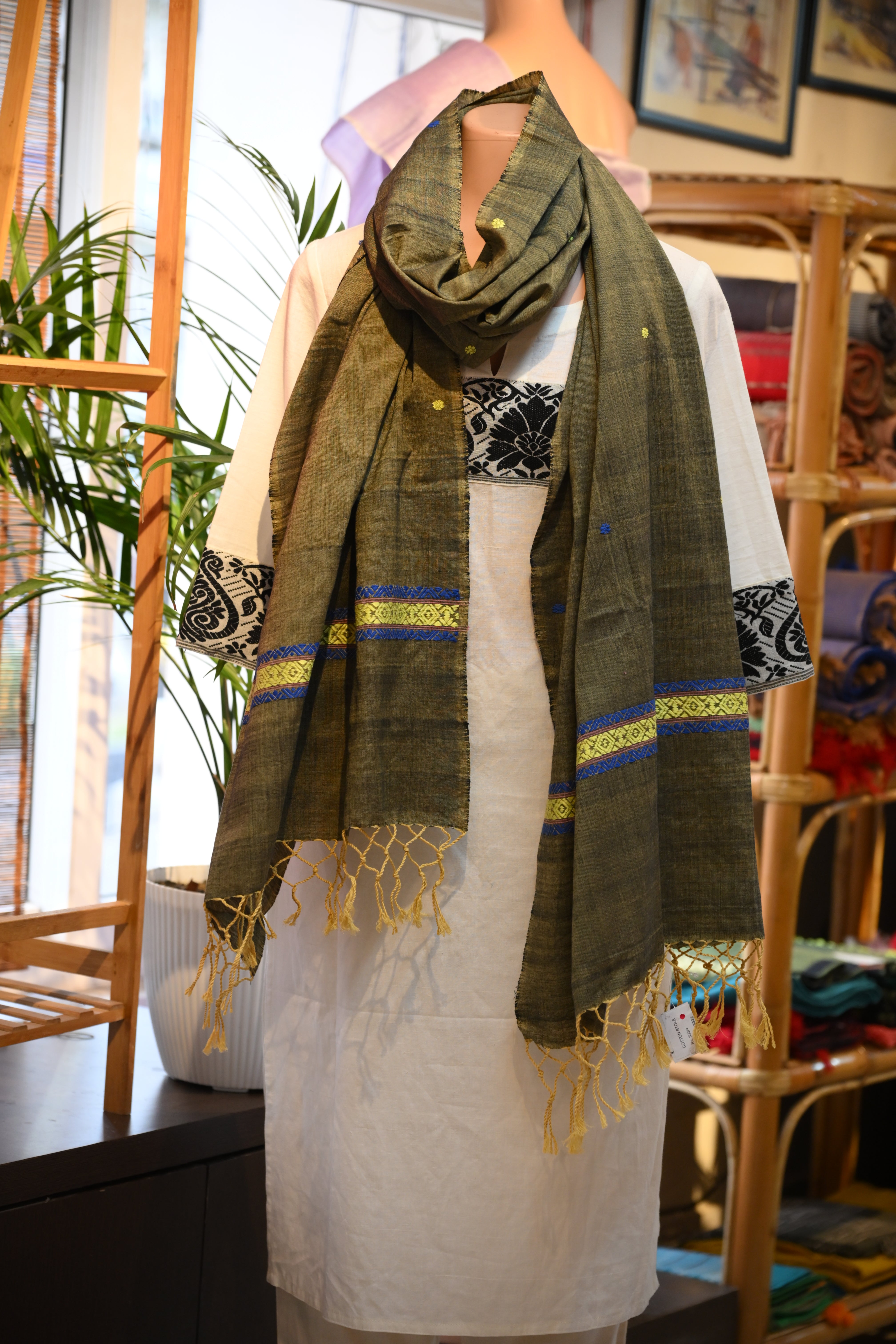 Handwoven Khaki green Cotton Stole with Blue and Yellow Motifs