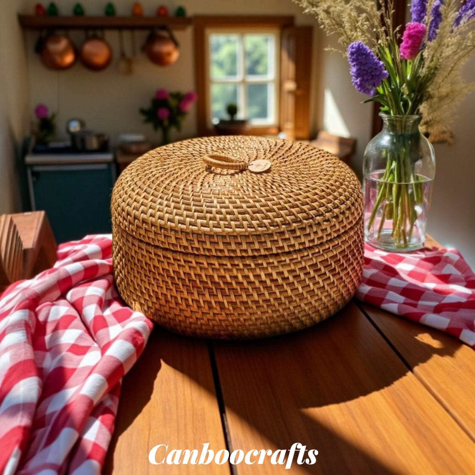Handwoven Cane Storage Basket with Lid