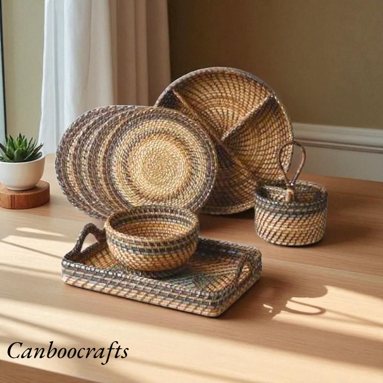Handwoven Cane Dining & Storage Set (5-Piece)