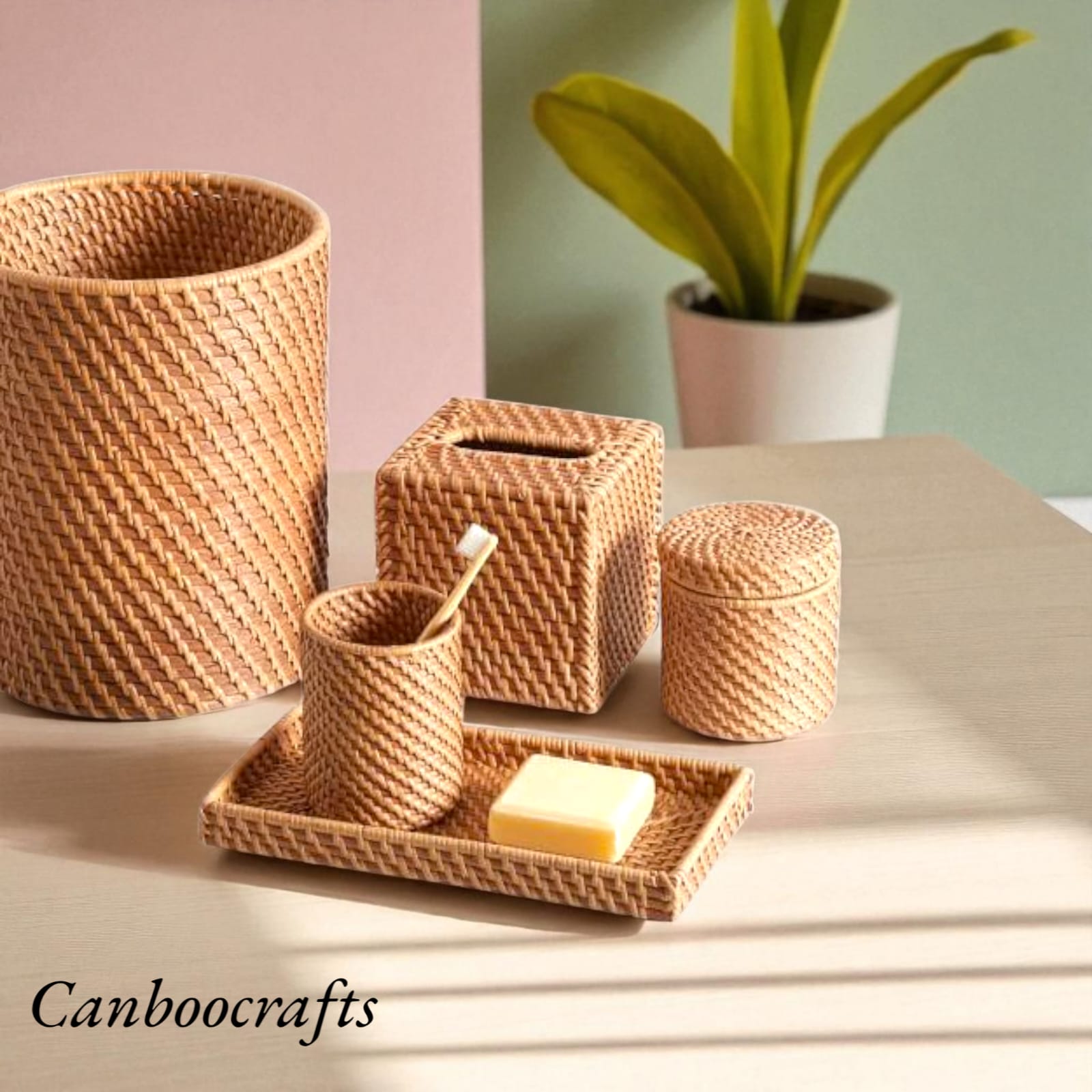 Handwoven Cane Bath & Vanity Set (5-Piece)