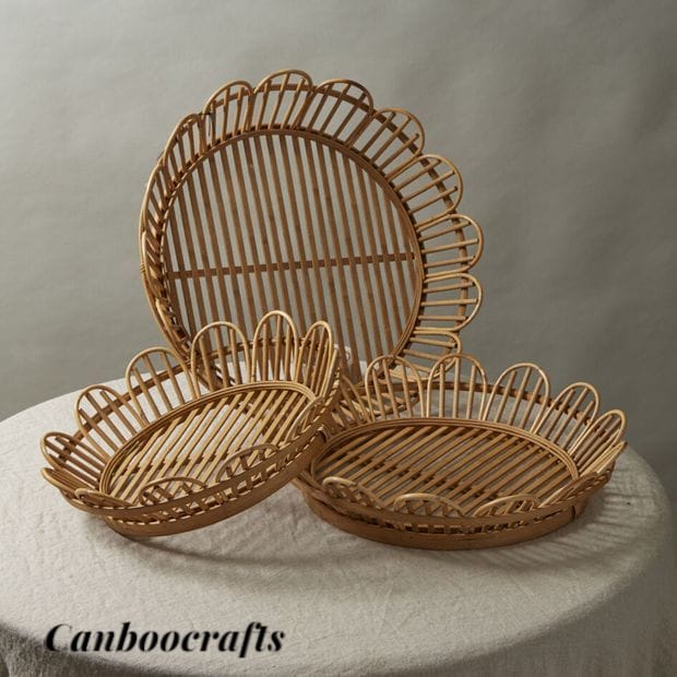 Handcrafted Cane Flower-Edge Trays (Set of 3-8" 10" 12")