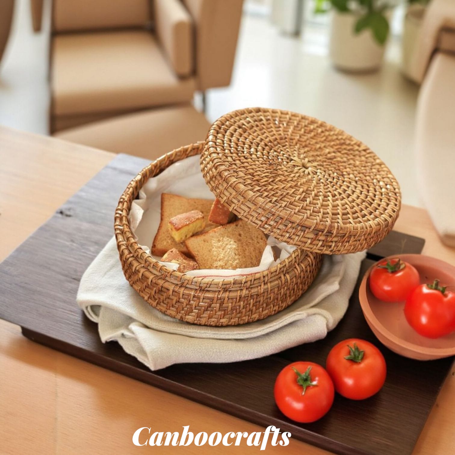 Handwoven Cane Storage Basket with Lid