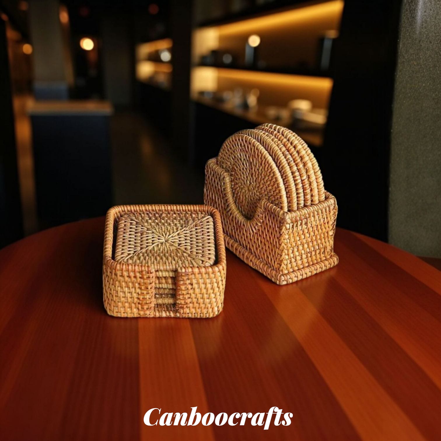 Handwoven Cane Coaster Set with Holder (Round & Square)