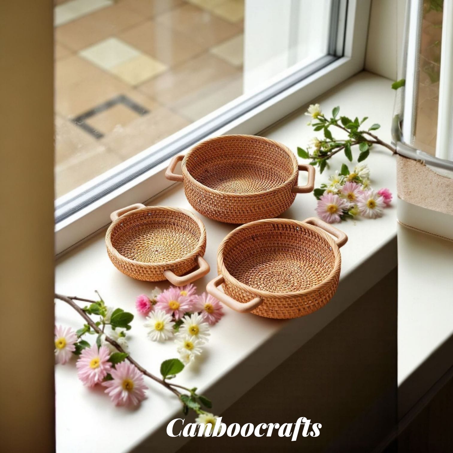 Handwoven Cane Round Serving Baskets (Set of 3 – 8", 10", 12")