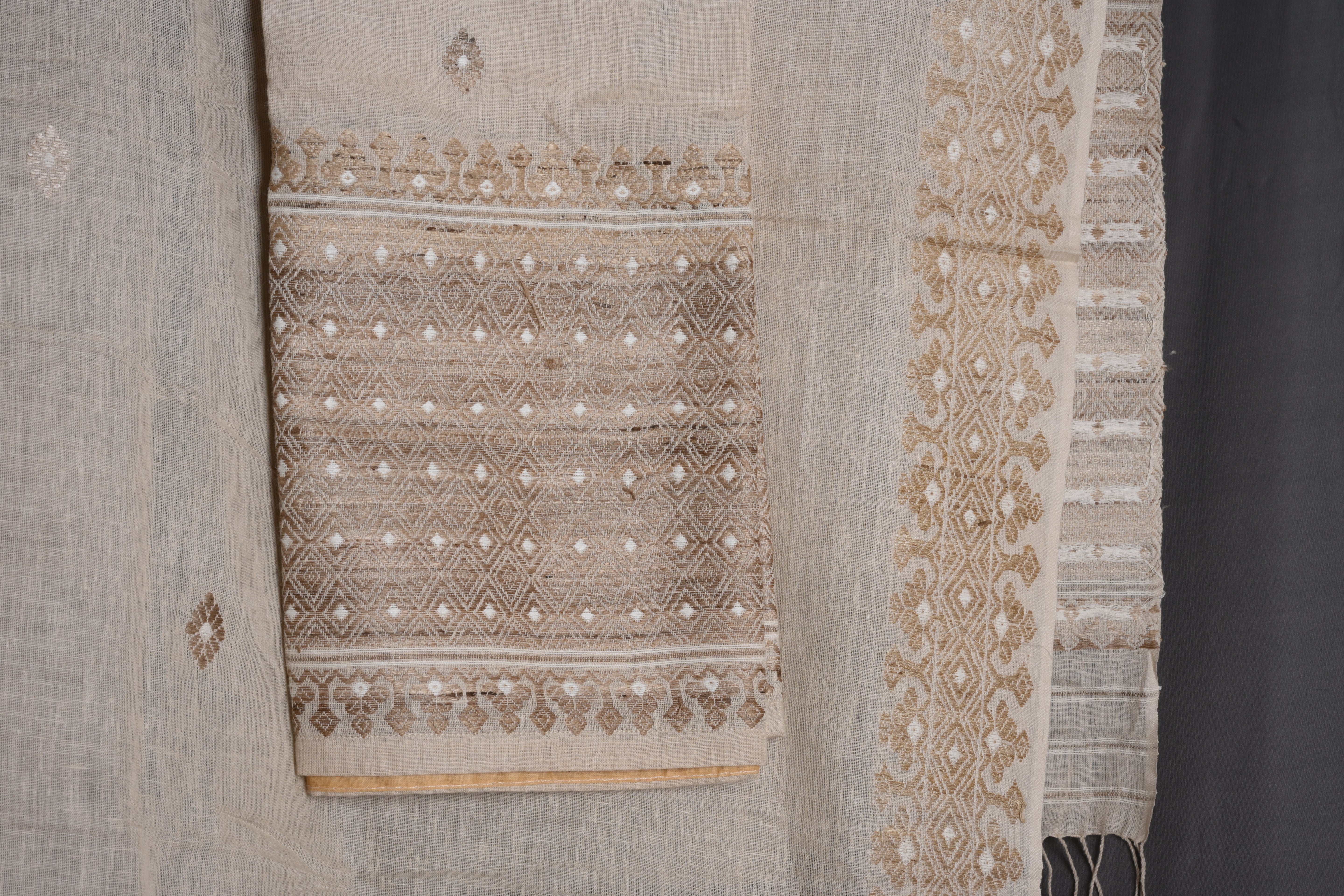 Beige (Natural colour) Assamese Eri Mekhela sador with Intricate Brown Woven Motifs