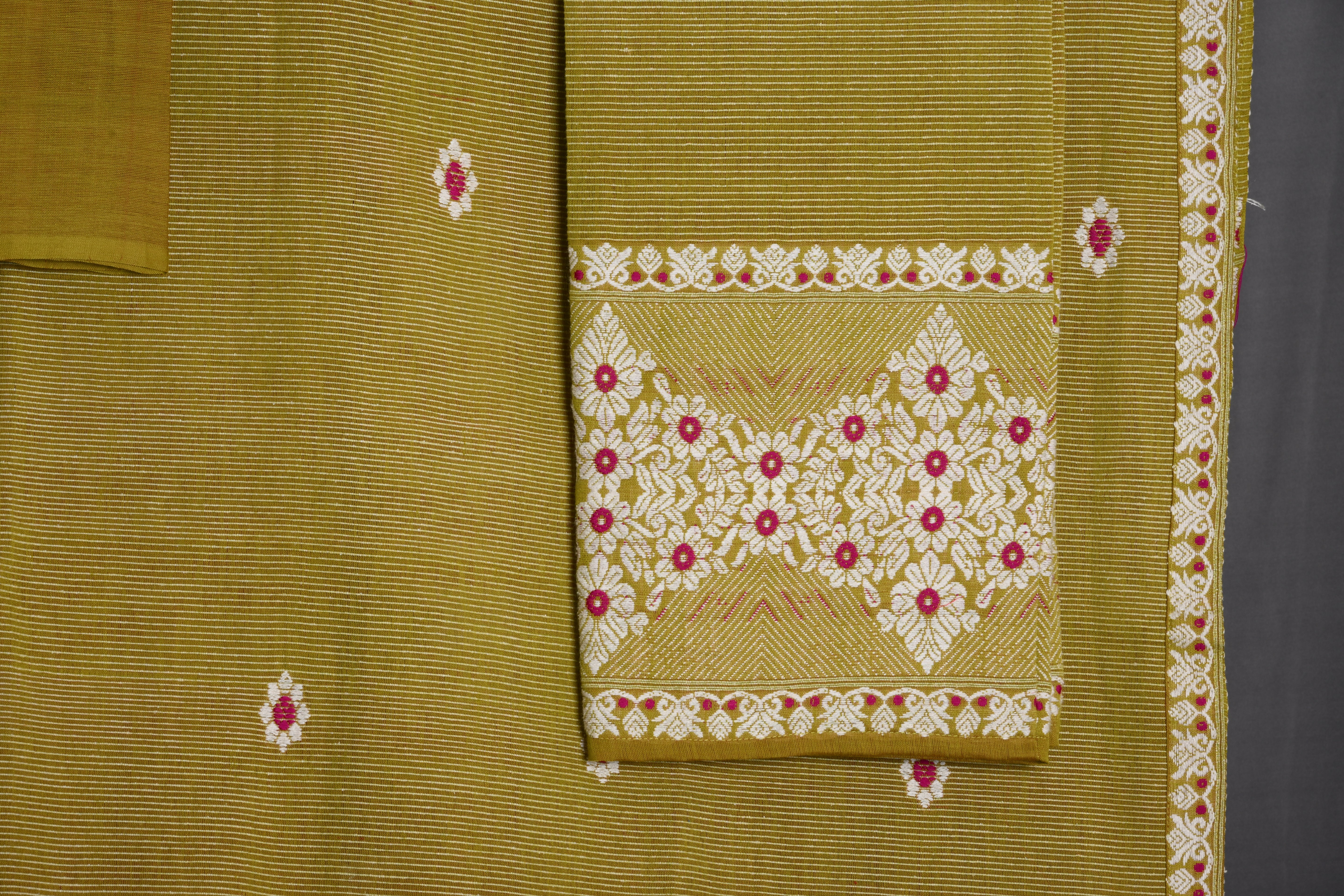 Olive Green Cotton Silk Mekhela Sador with White Striped Self-Design & Traditional Motifs