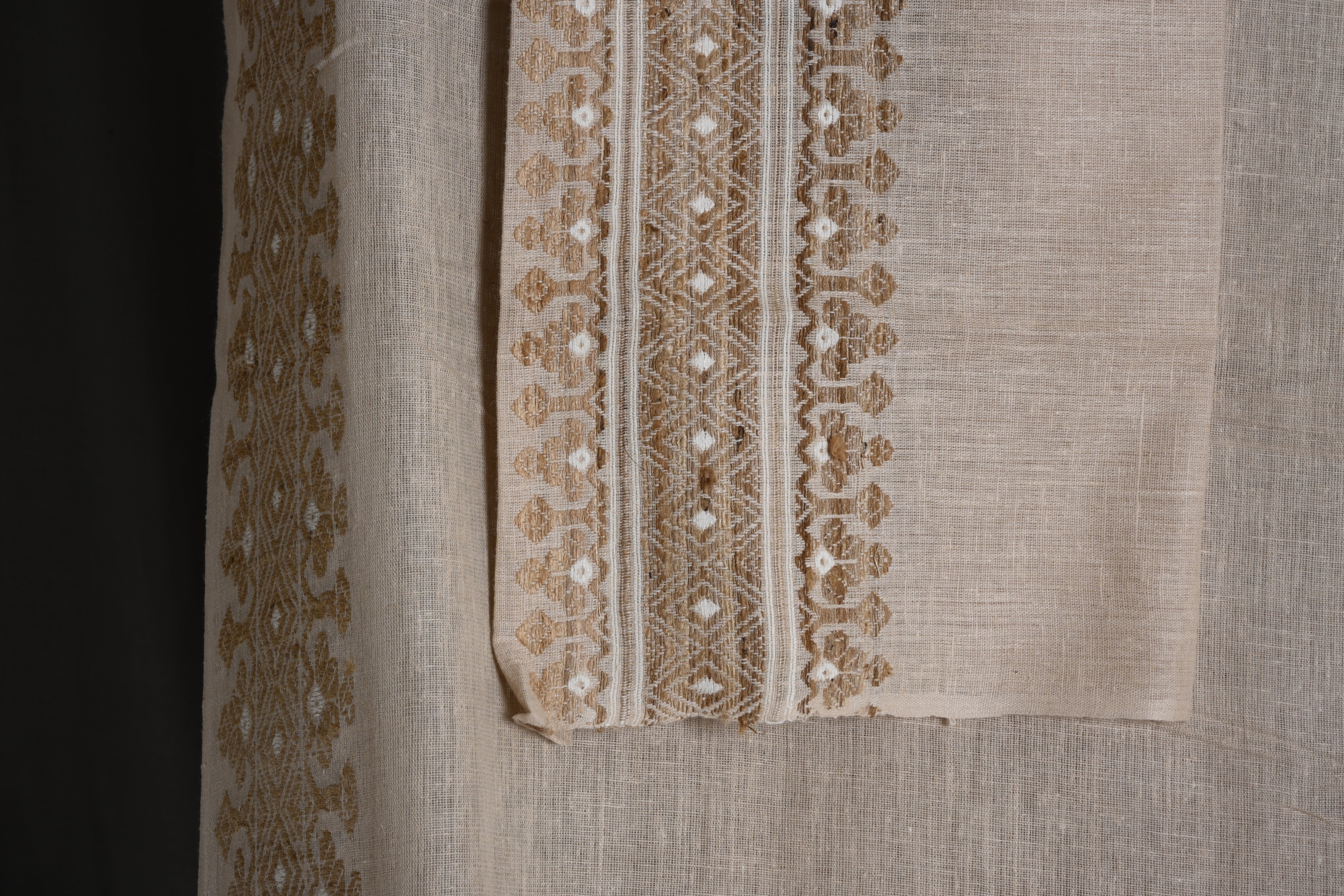 Beige (Natural colour) Assamese Eri Mekhela sador with Intricate Brown Woven Motifs