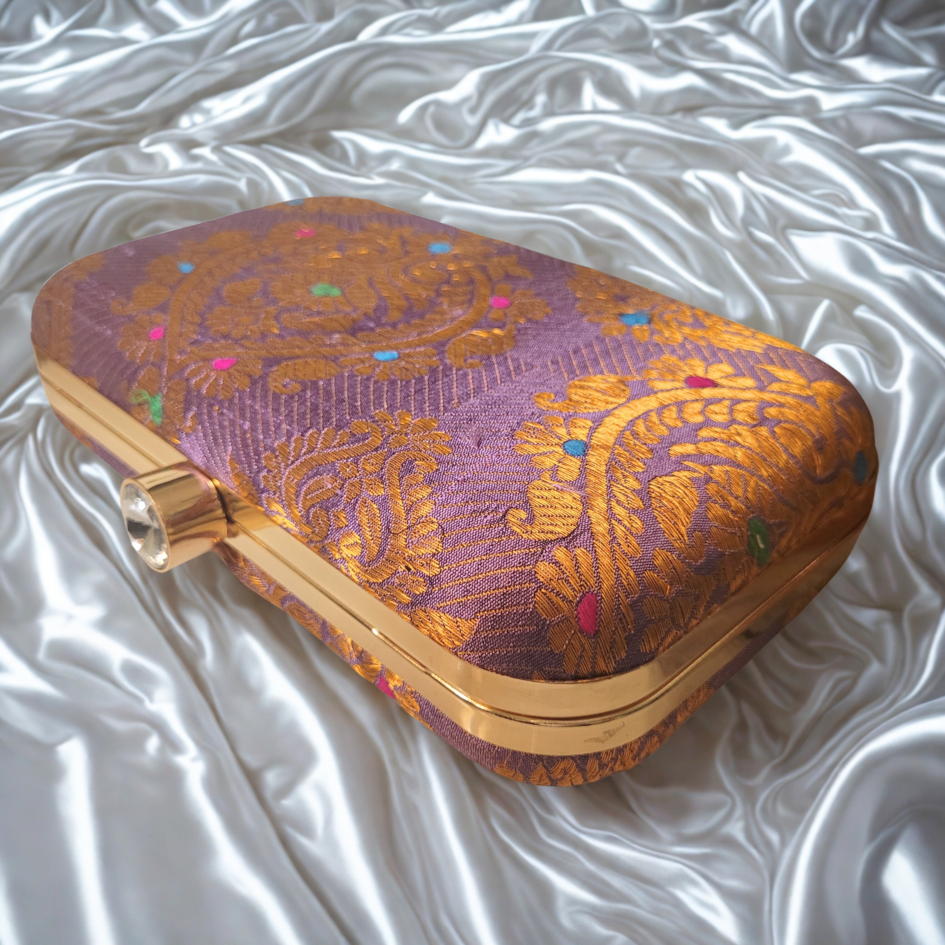 Handwoven Assam Silk Clutch Bag | Mauve & Gold Party Wear Clutch