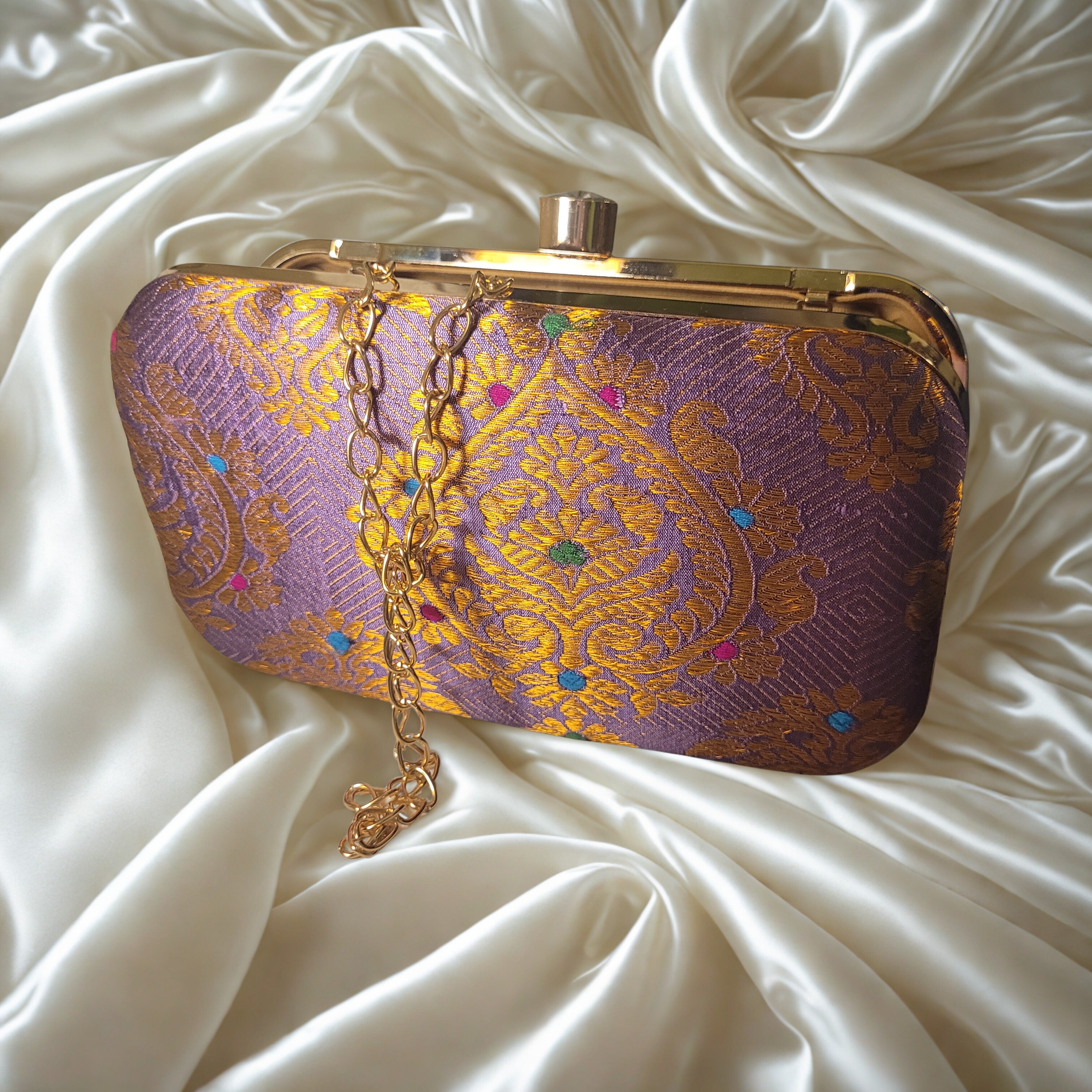 Handwoven Assam Silk Clutch Bag | Mauve & Gold Party Wear Clutch