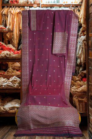 Onion Pink Assamese Eri Silk Mekhela Sador with Silver Floral Motifs & Geometric Borders