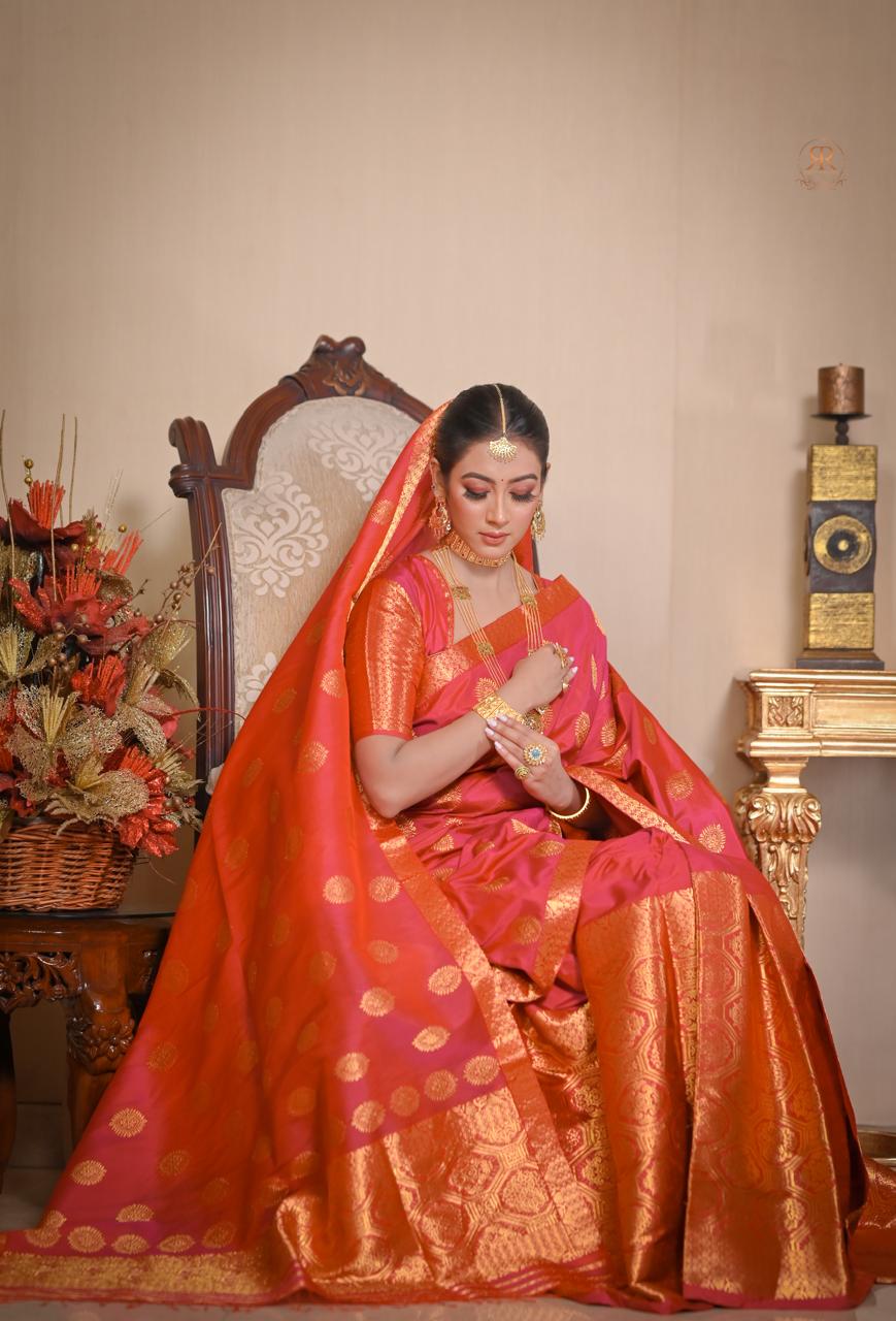 Bright Red-Orange Pat Silk Bridal Mekhela Chador with Heavy Golden Guna Work WITH RIHA