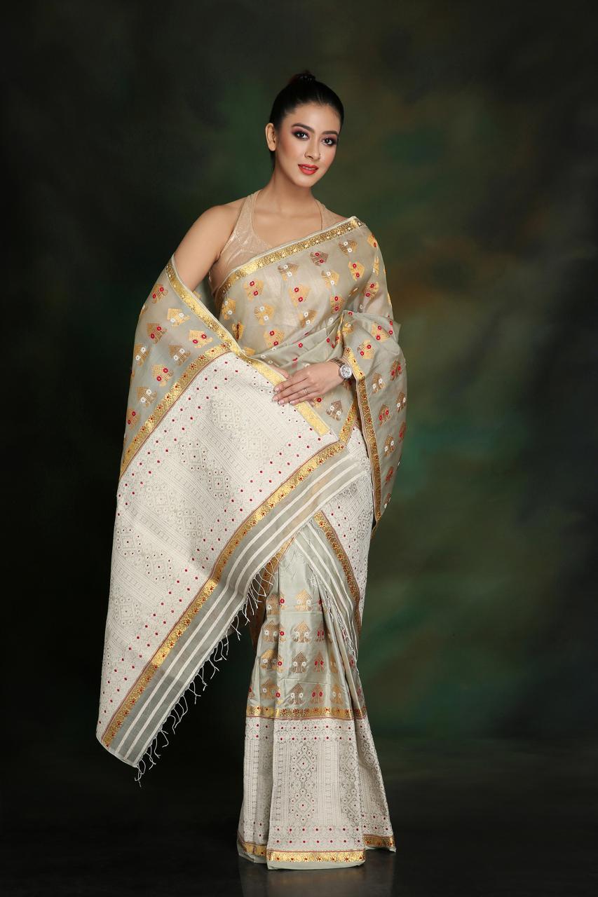 Silver-Grey Pat Silk Mekhela Chador with Golden Guna, Eri Motifs & Eri-Woven Borders
