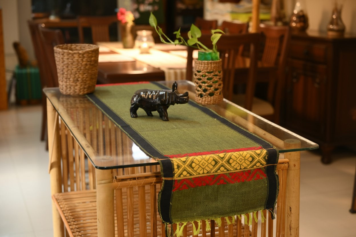 Handwoven Cotton Table Runner – Green with Assamese Traditional Motifs