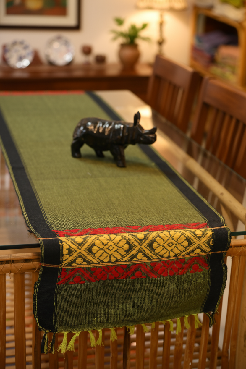 Handwoven Cotton Table Runner – Green with Assamese Traditional Motifs