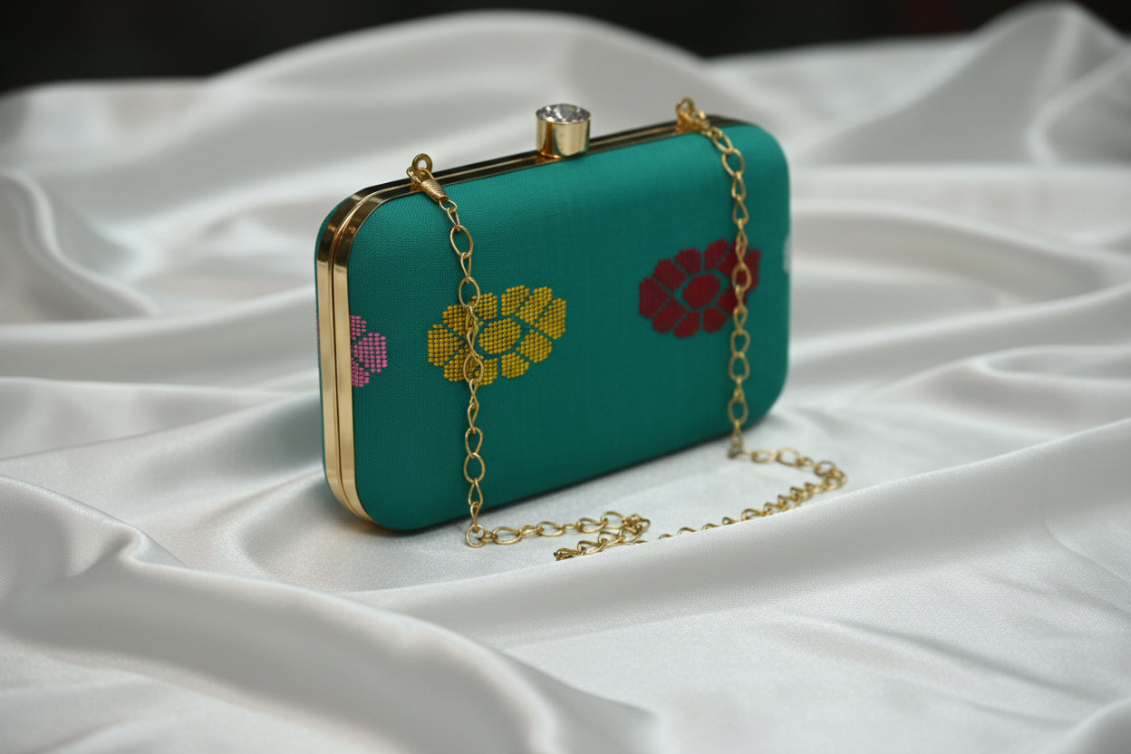 Teal clutch bag with floral patterns and gold chain on a reflective surface