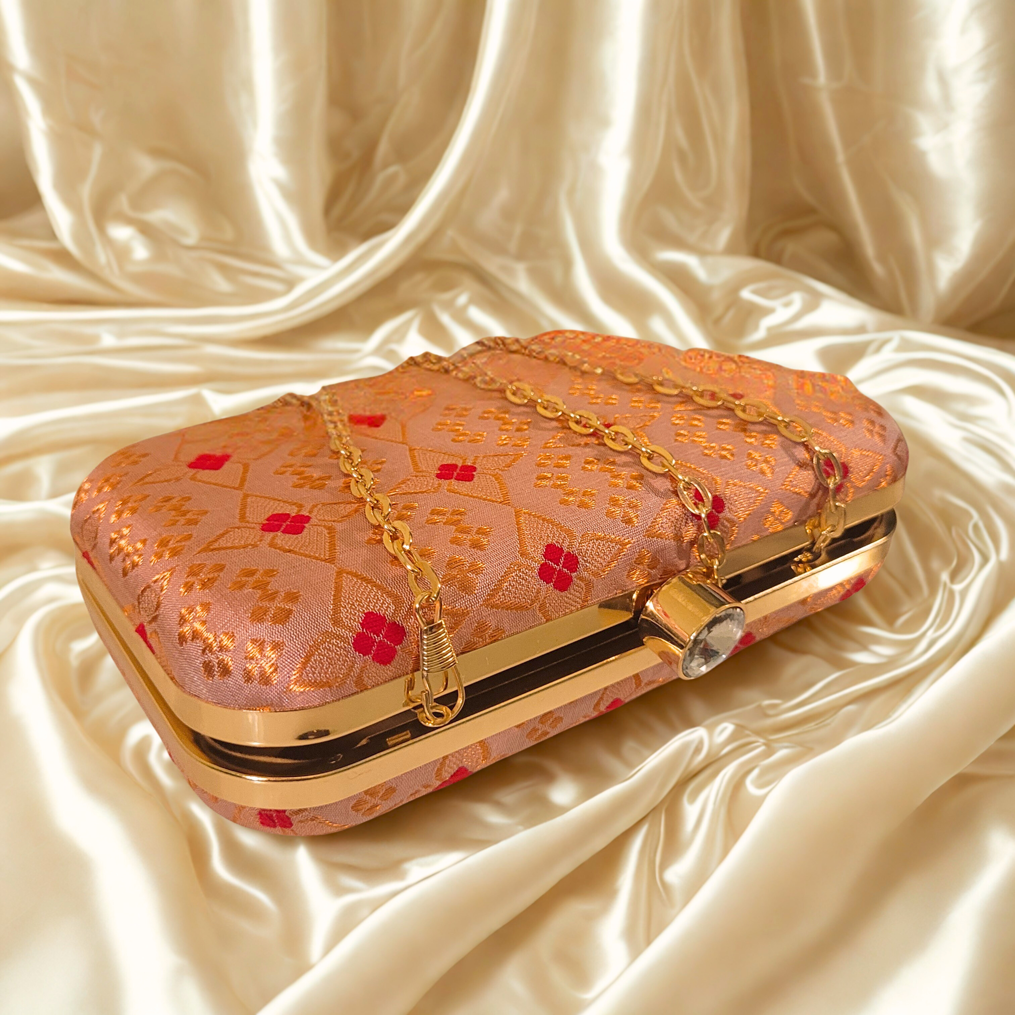 Clutch of Peach-Gold Assam Silk Heavy Gold Work Clutch Bag |  Party Wear Elegance