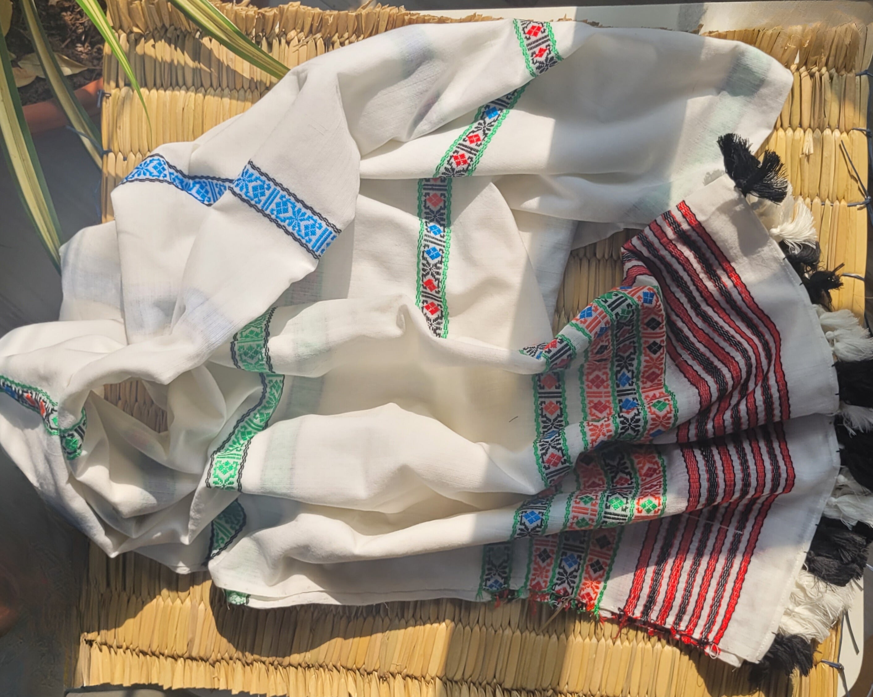 Handloom Cotton Single Sador with Blue, Green & Red Motifs | Assam Editions