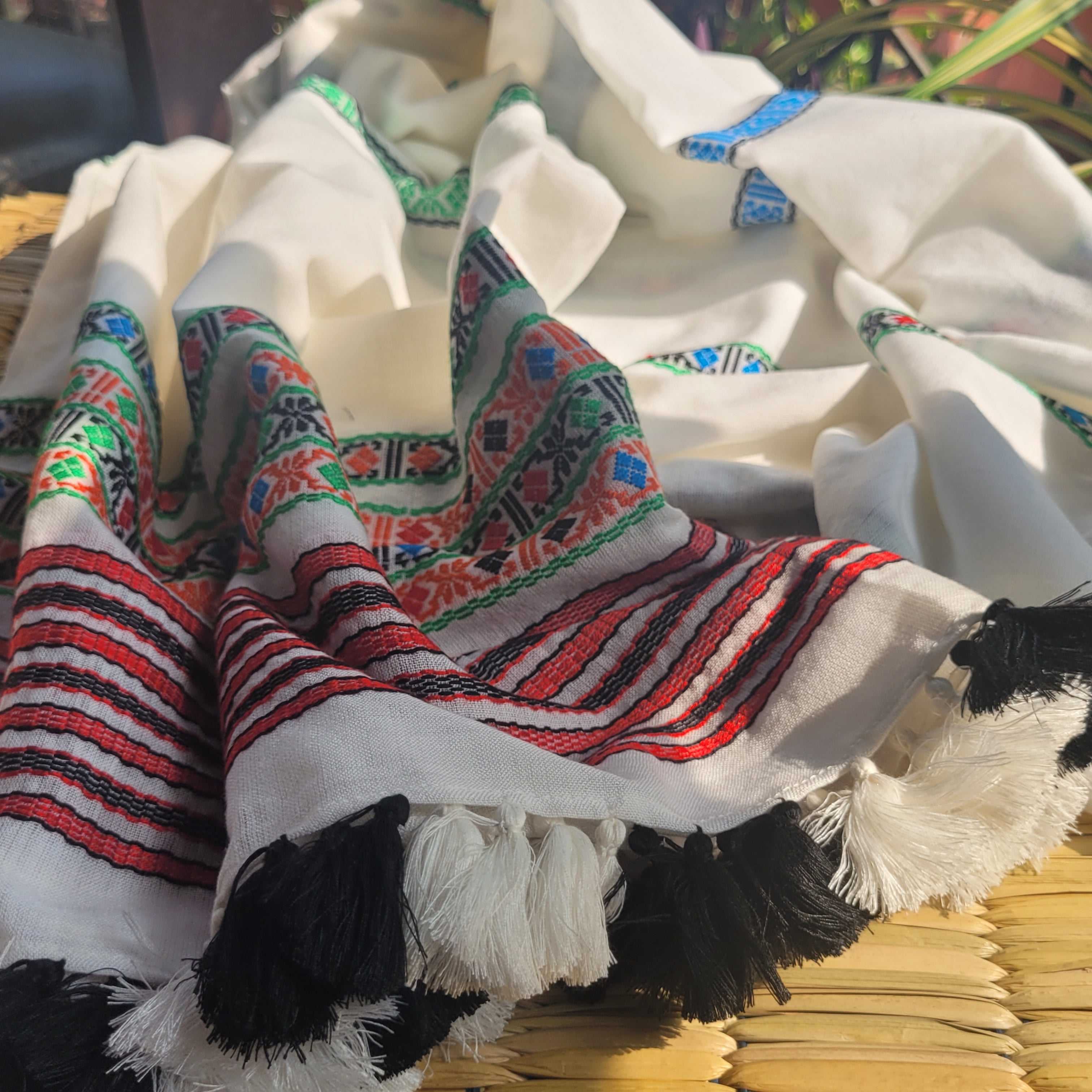 Handloom Cotton Single Sador with Blue, Green & Red Motifs | Assam Editions