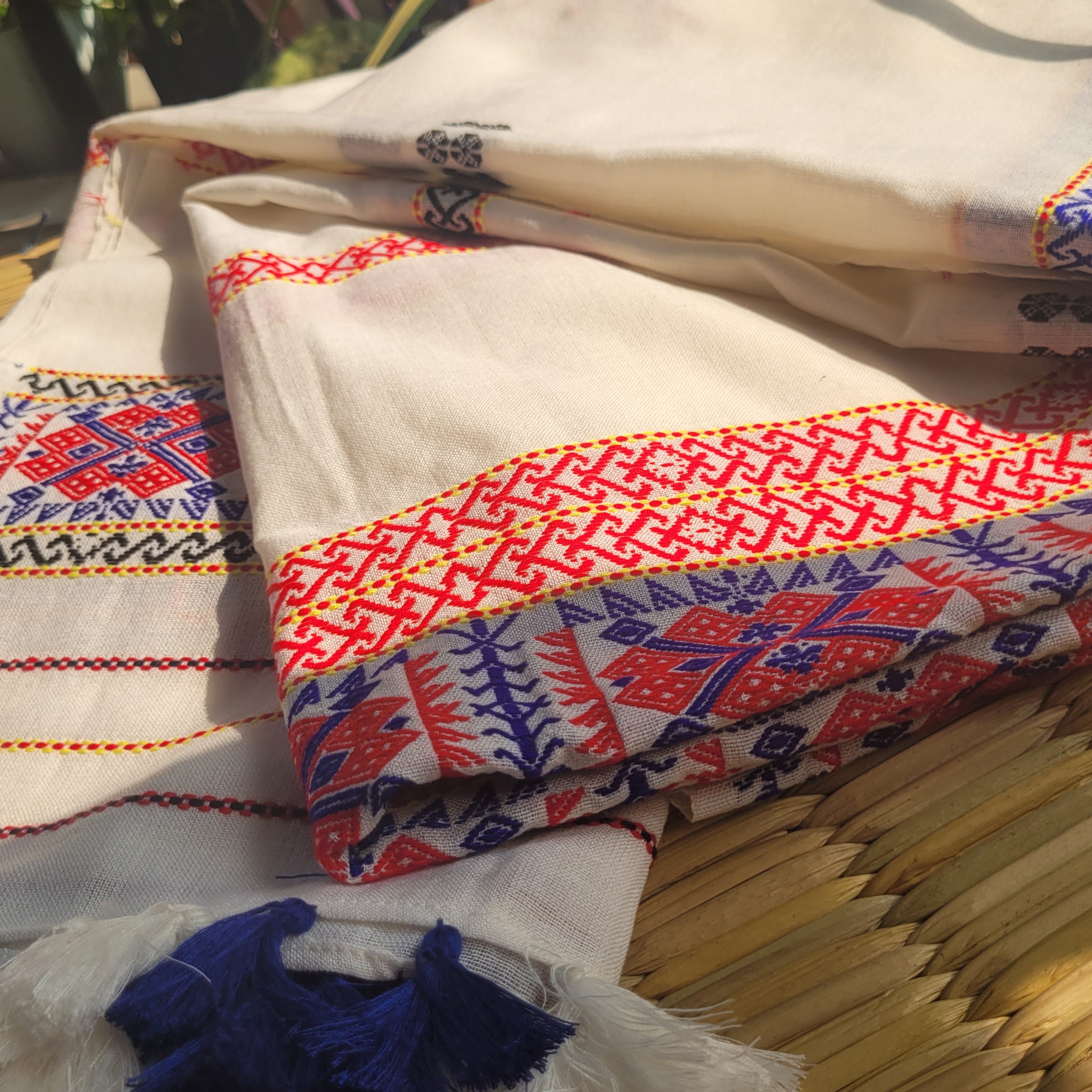 Handloom Cotton Single Sador with Red & Blue Assamese Motifs | Assam Editions