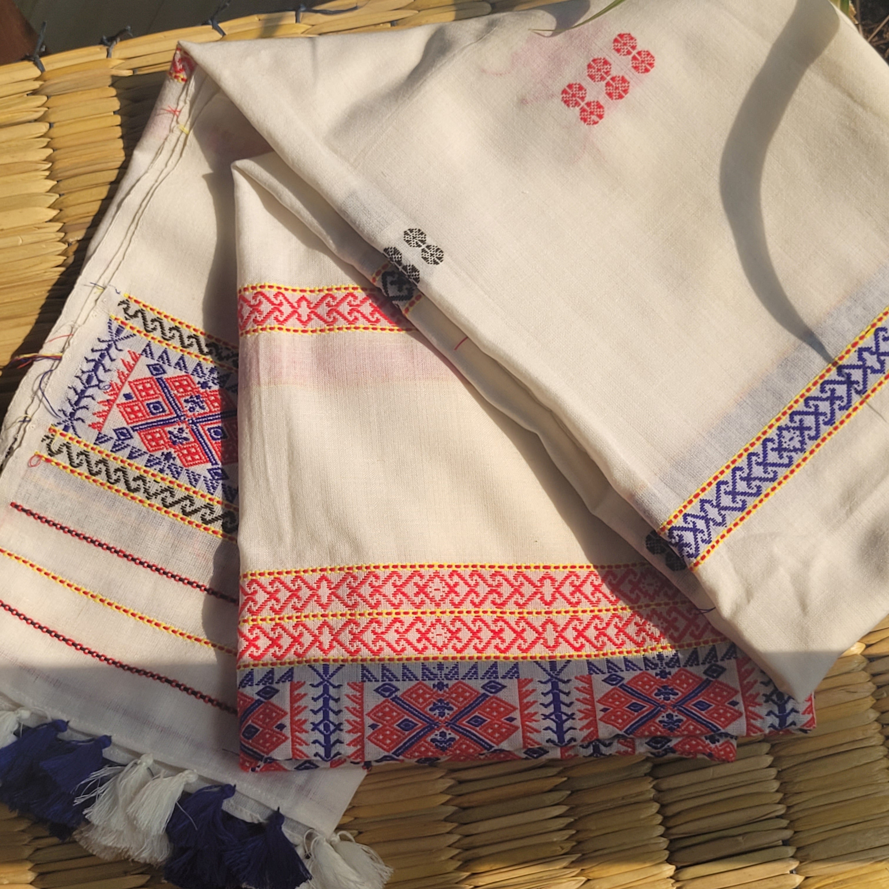 Handloom Cotton Single Sador with Red & Blue Assamese Motifs | Assam Editions