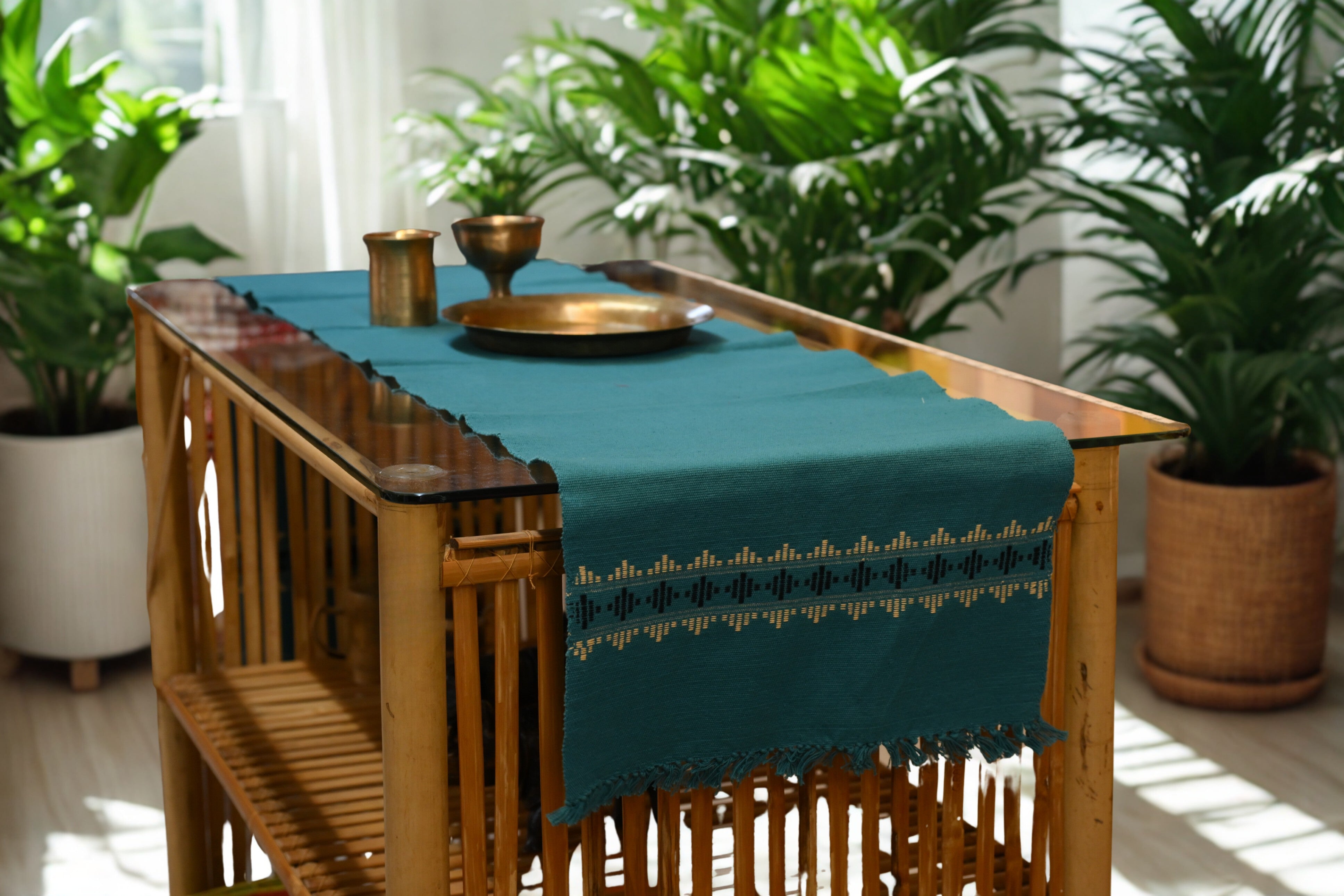 Handwoven Assamese Table Runner – Teal with Geometric Motifs