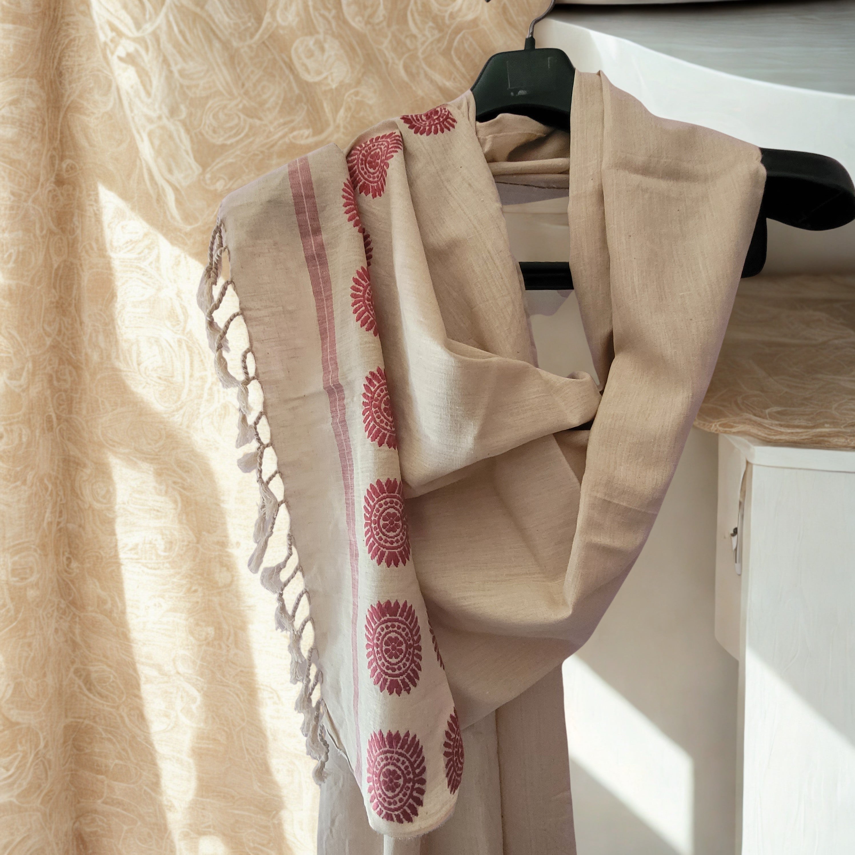 Beige Eri Silk Stole with Assamese Red Motifs