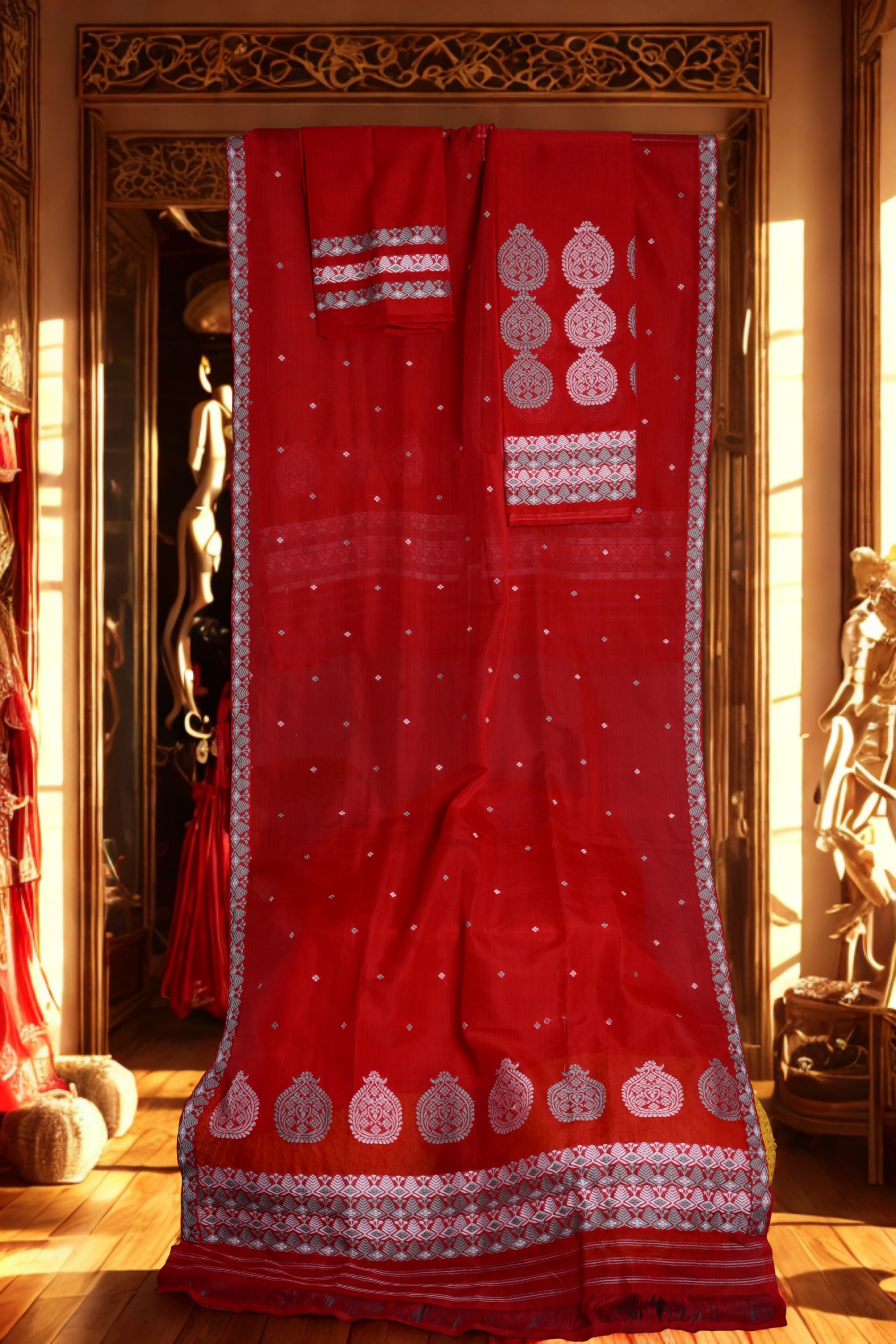 Red Elegant Handwoven Raw Cotton Mekhela Sador