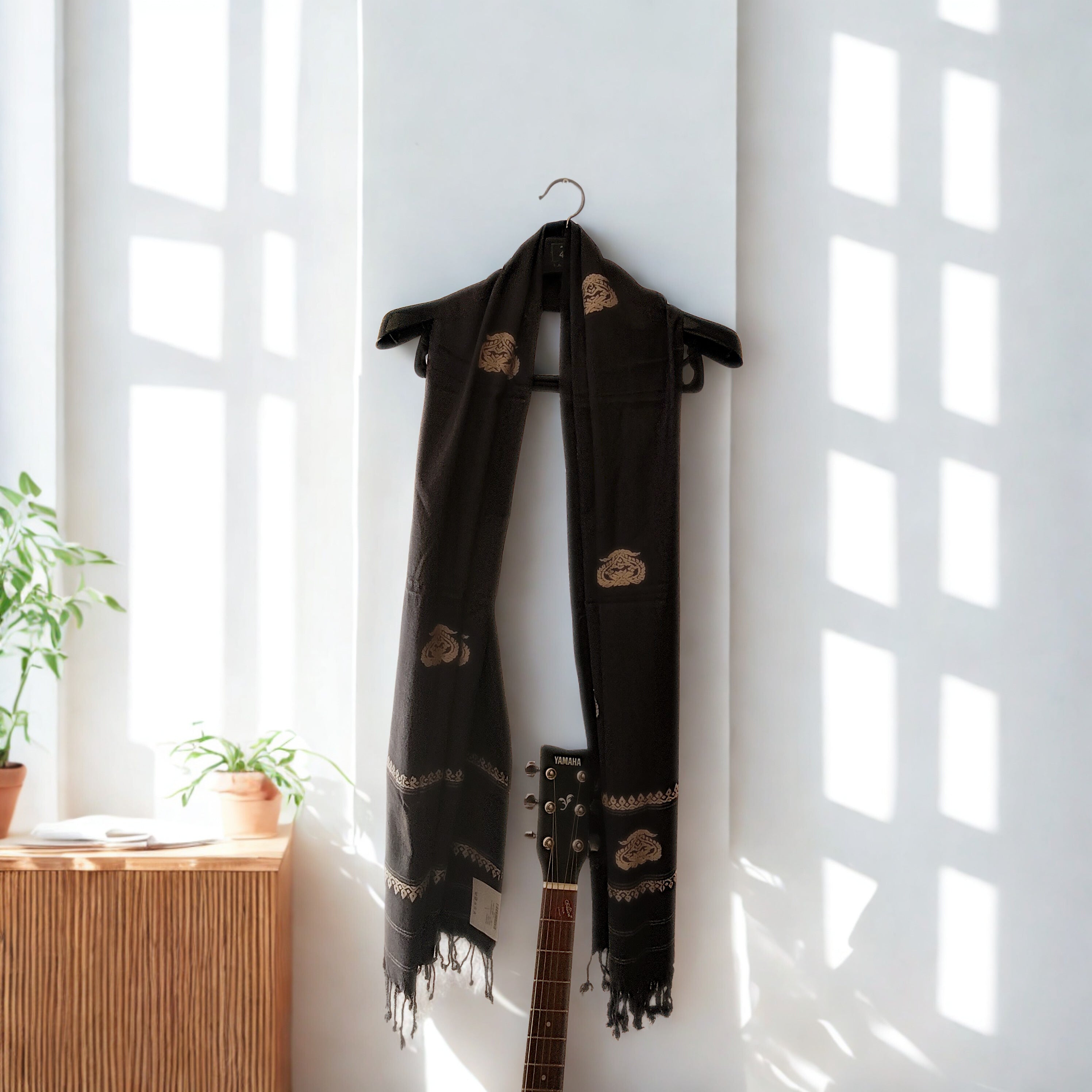 Black Eri Silk Stole with Assamese Motifs | Ahimsa Silk