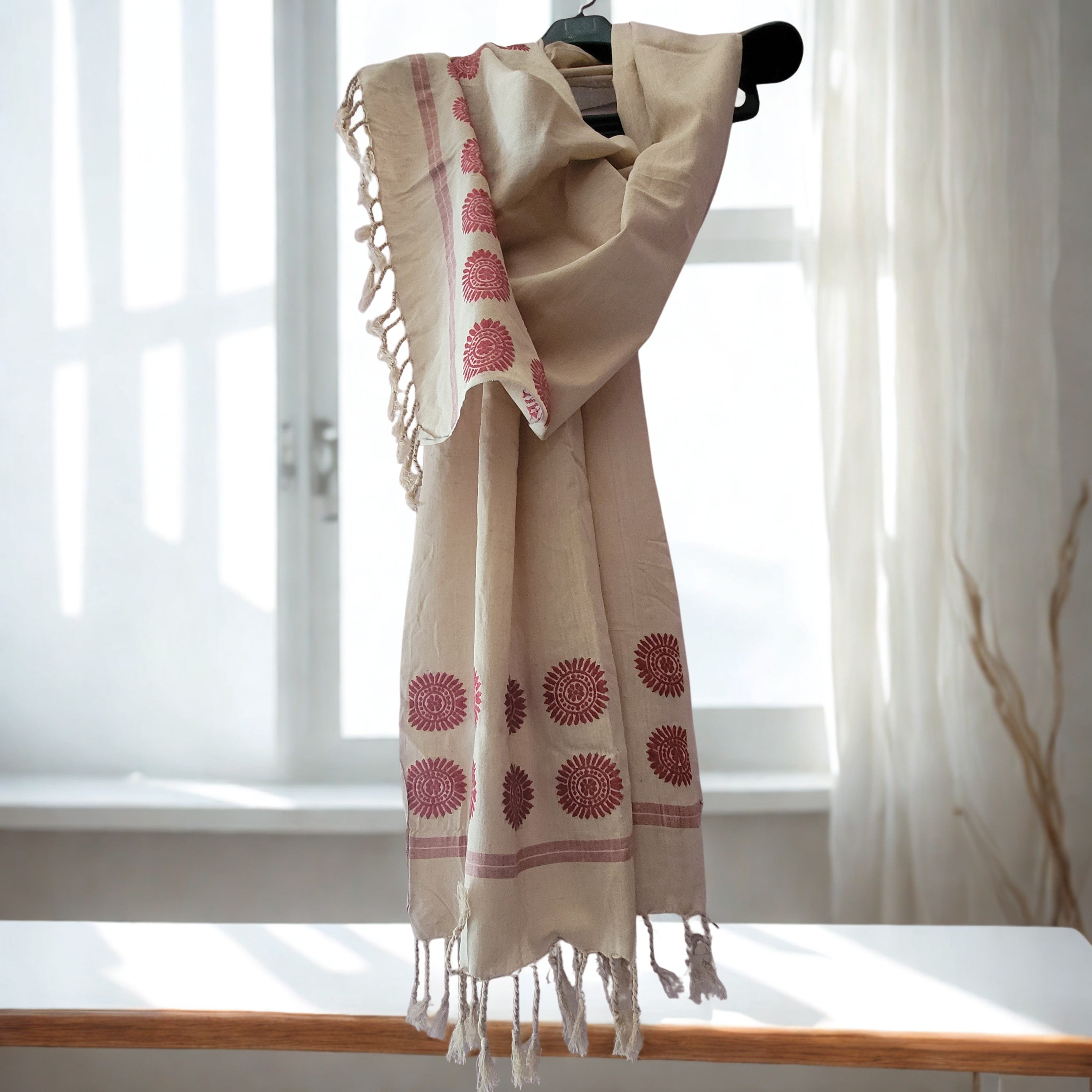 Beige Eri Silk Stole with Assamese Red Motifs
