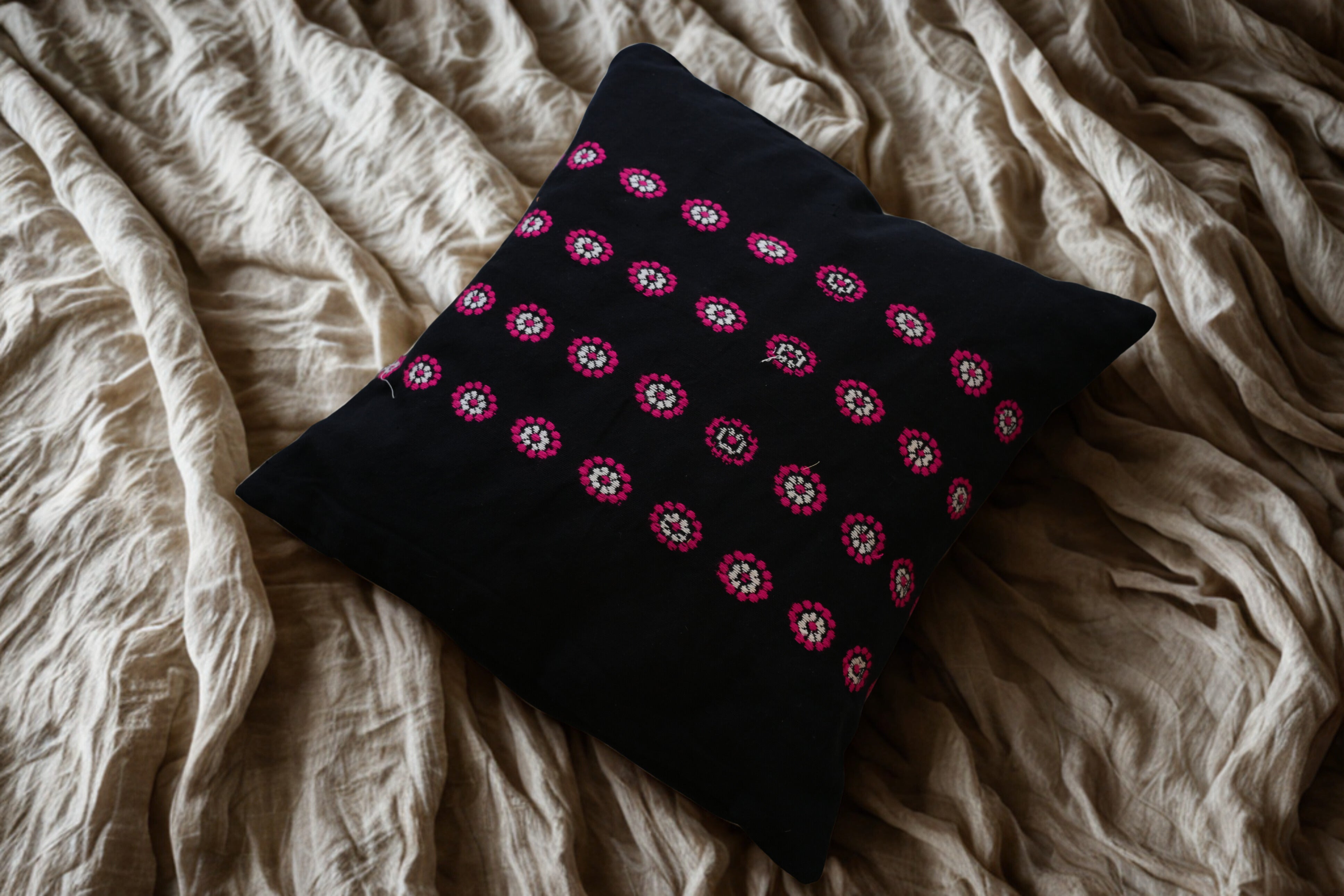 Handcrafted Black Cushion Cover with Pink Floral Motifs