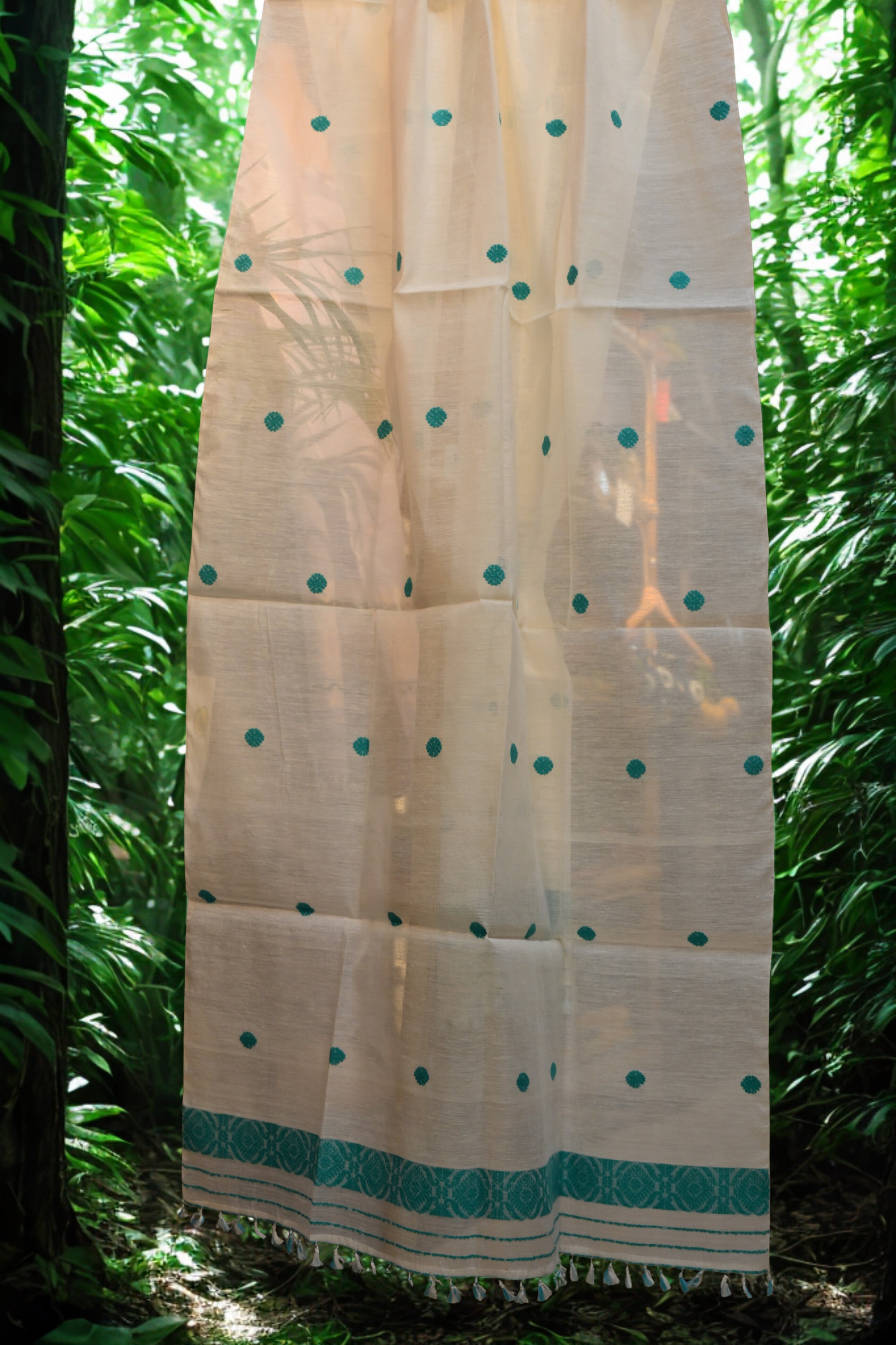 White Raw Mulberry Cotton Sador- with green motifs