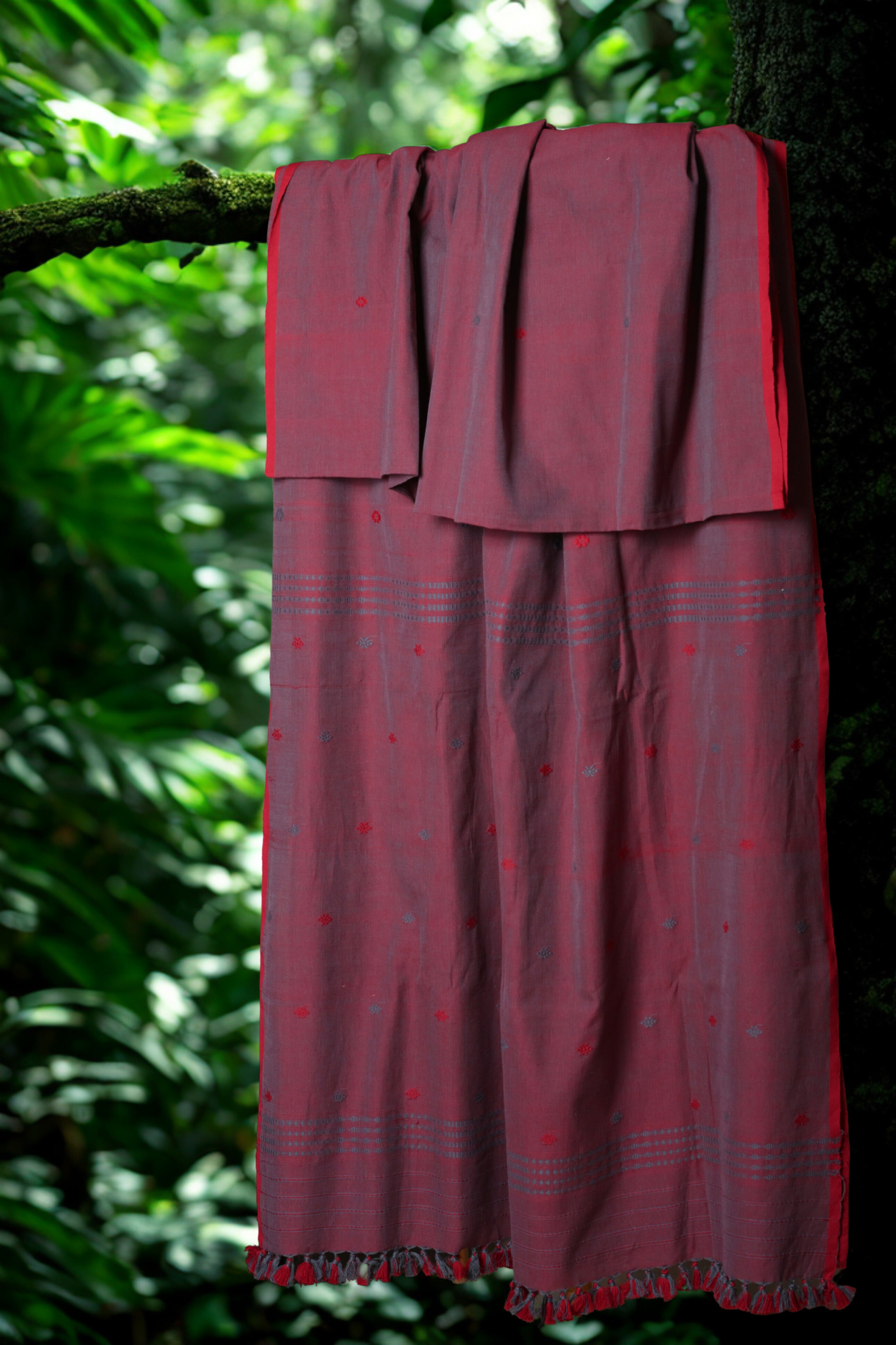 Handwoven Maroon-Grey Cotton Saree with Subtle Motifs