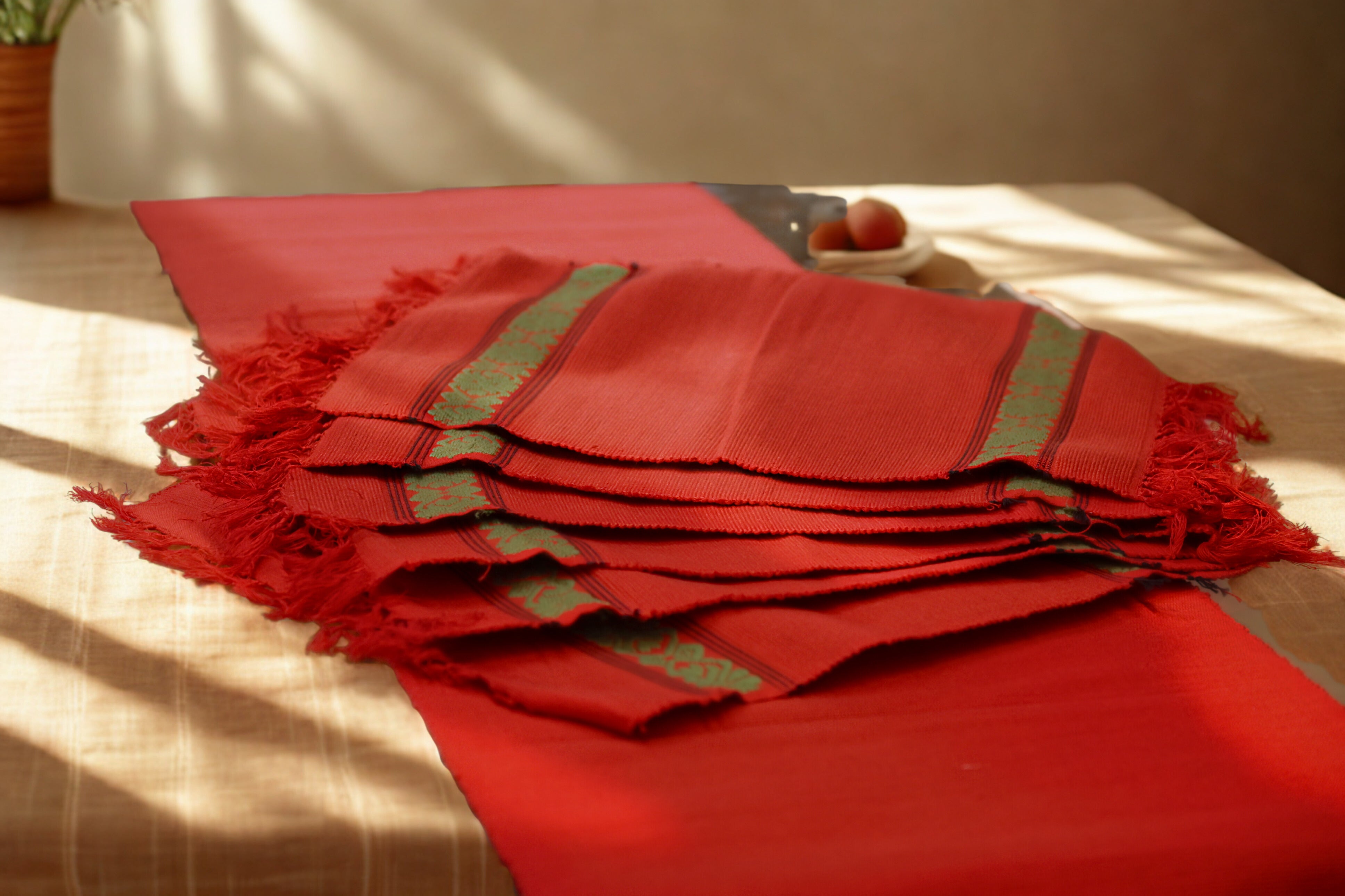 Handwoven Assamese Red Table Runner Set with 6 Mats -with Green and Black Motifs