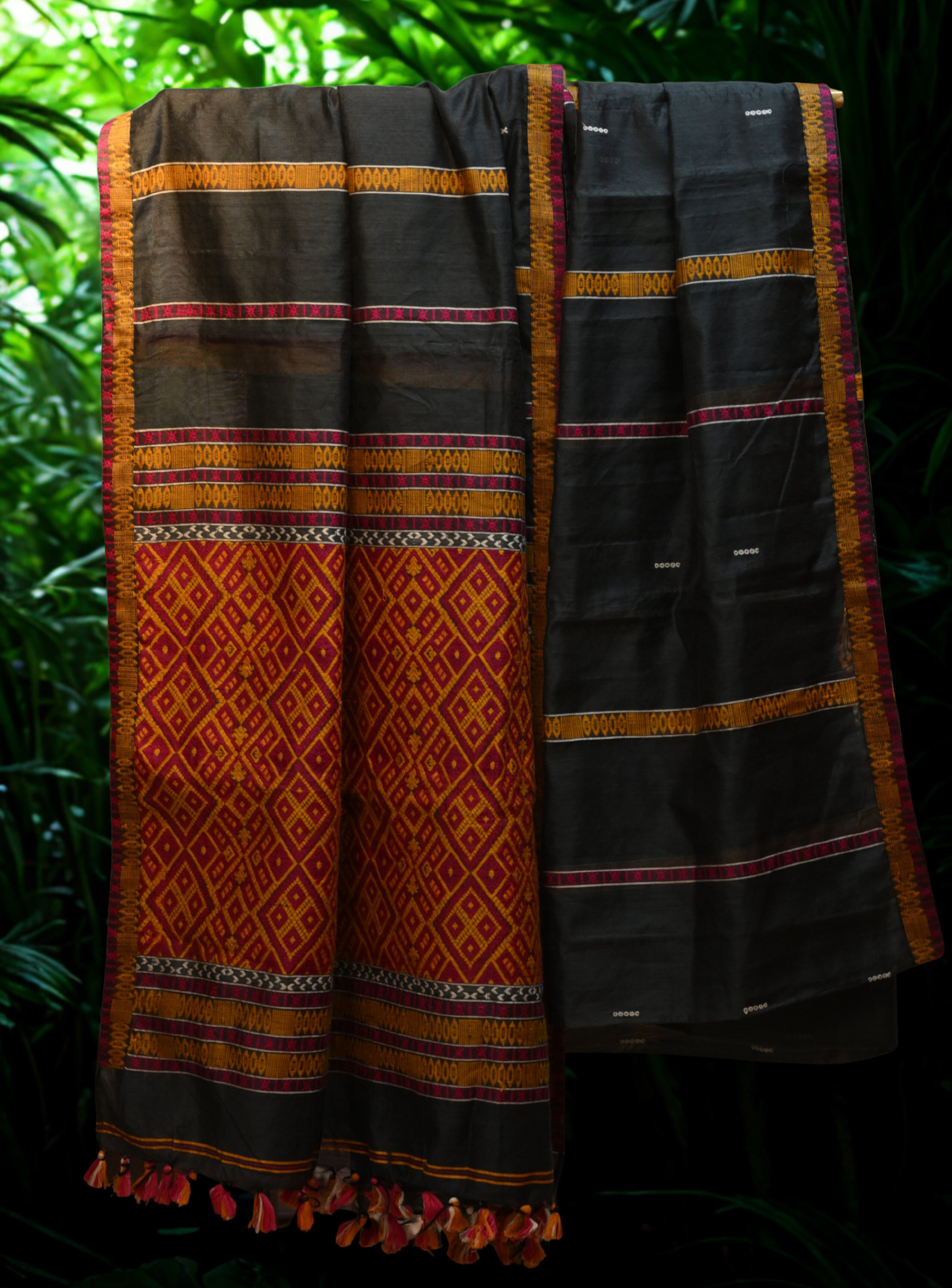 Handwoven Cotton Black Saree – yellow & Red Diamond motif