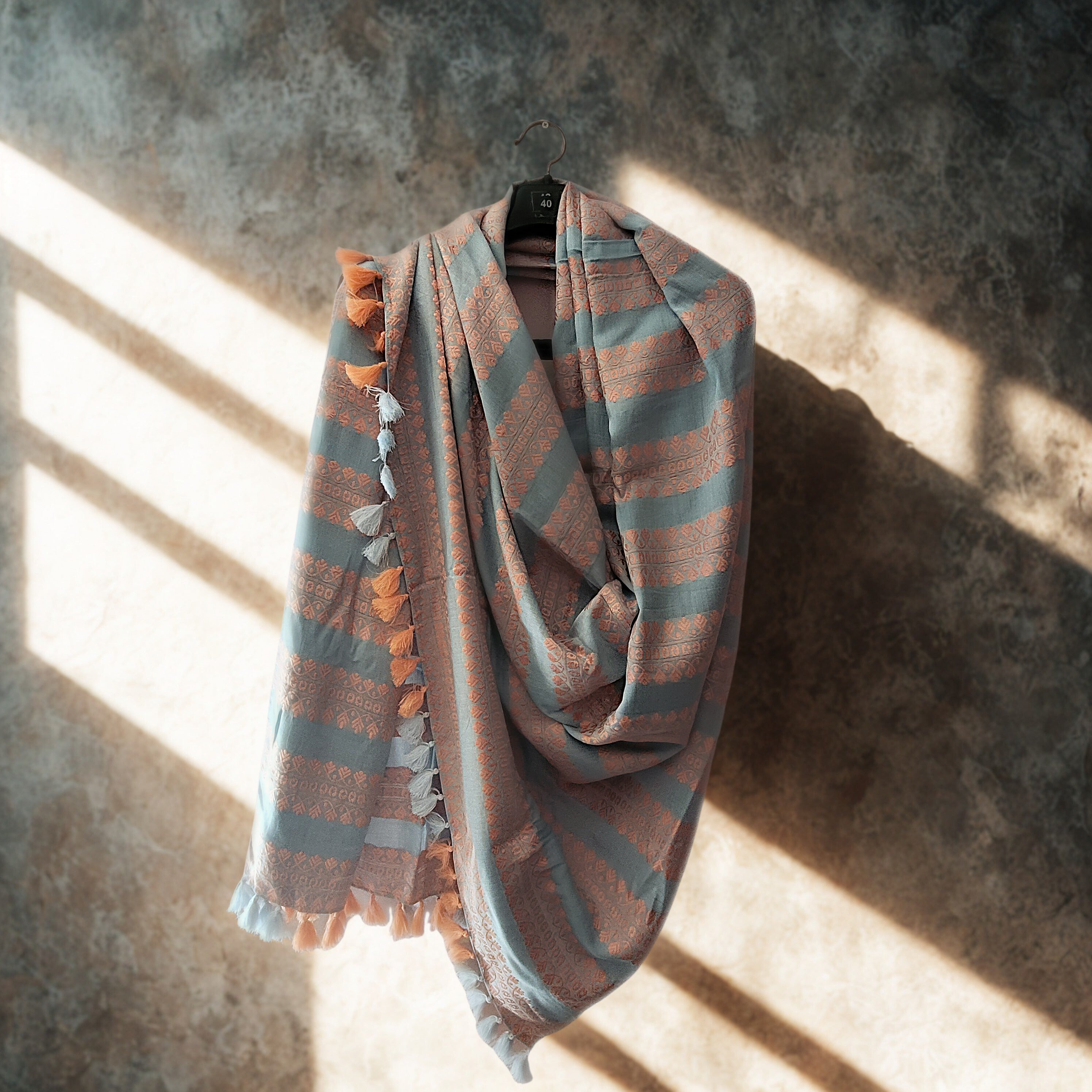 Sky Blue Eri Silk Shawl with Peach Assamese Motifs | Ahimsa Silk