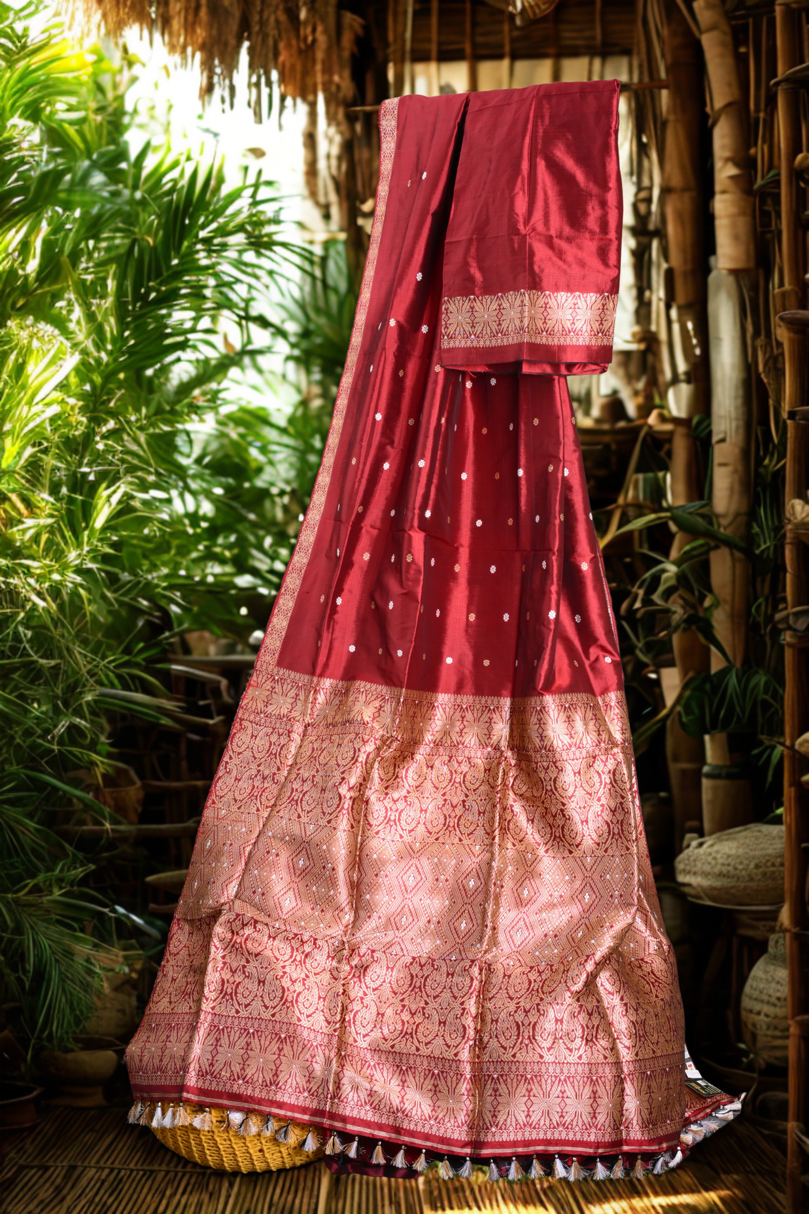 Deep Maroon Assamese Pat Silk Saree with Golden Guna work